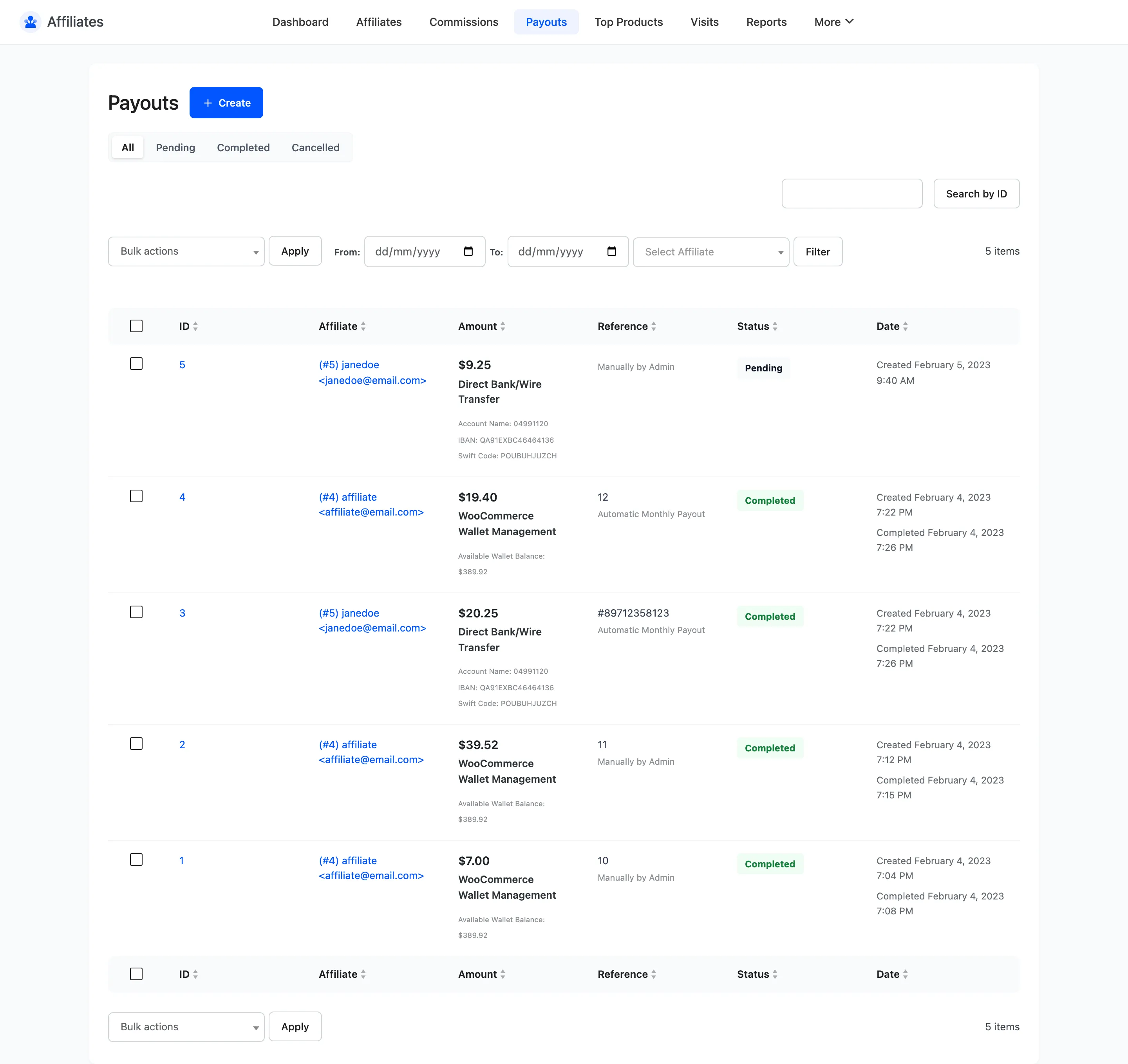 The Payouts list showing each payout with affiliate, amount, reference, status and date