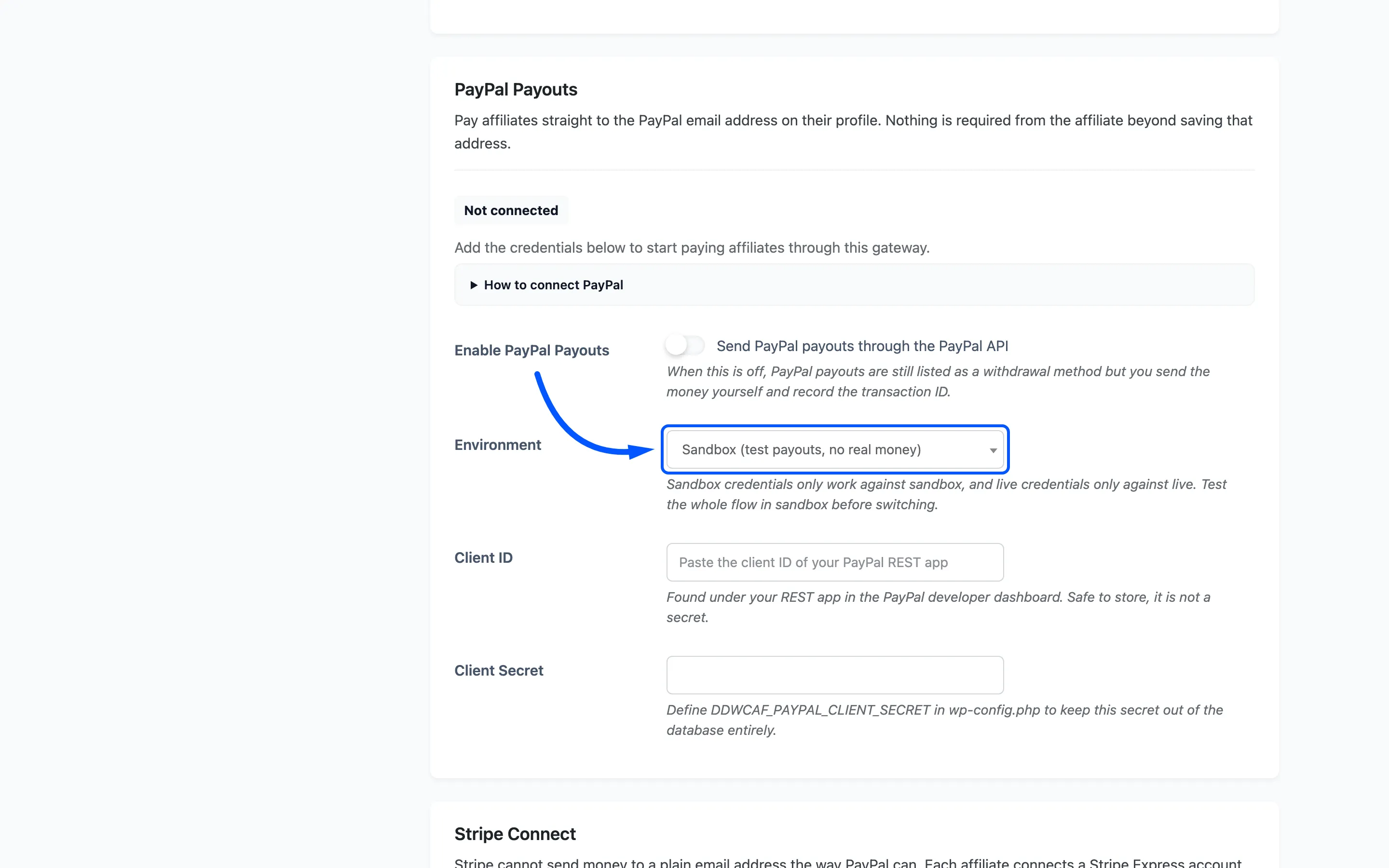 The PayPal Environment dropdown highlighted