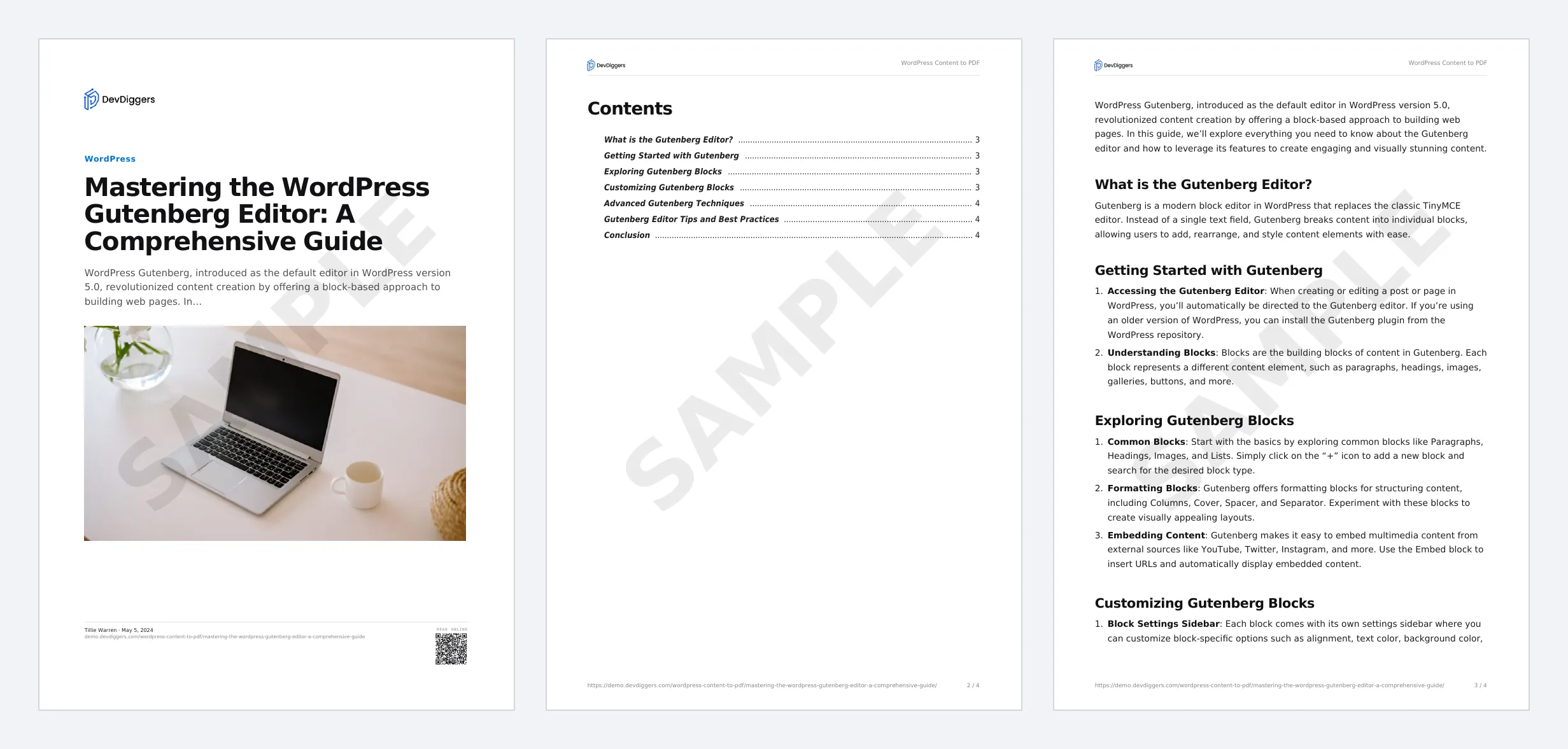 A branded PDF: logo on the cover, logo and site name in each header, page numbers in each footer