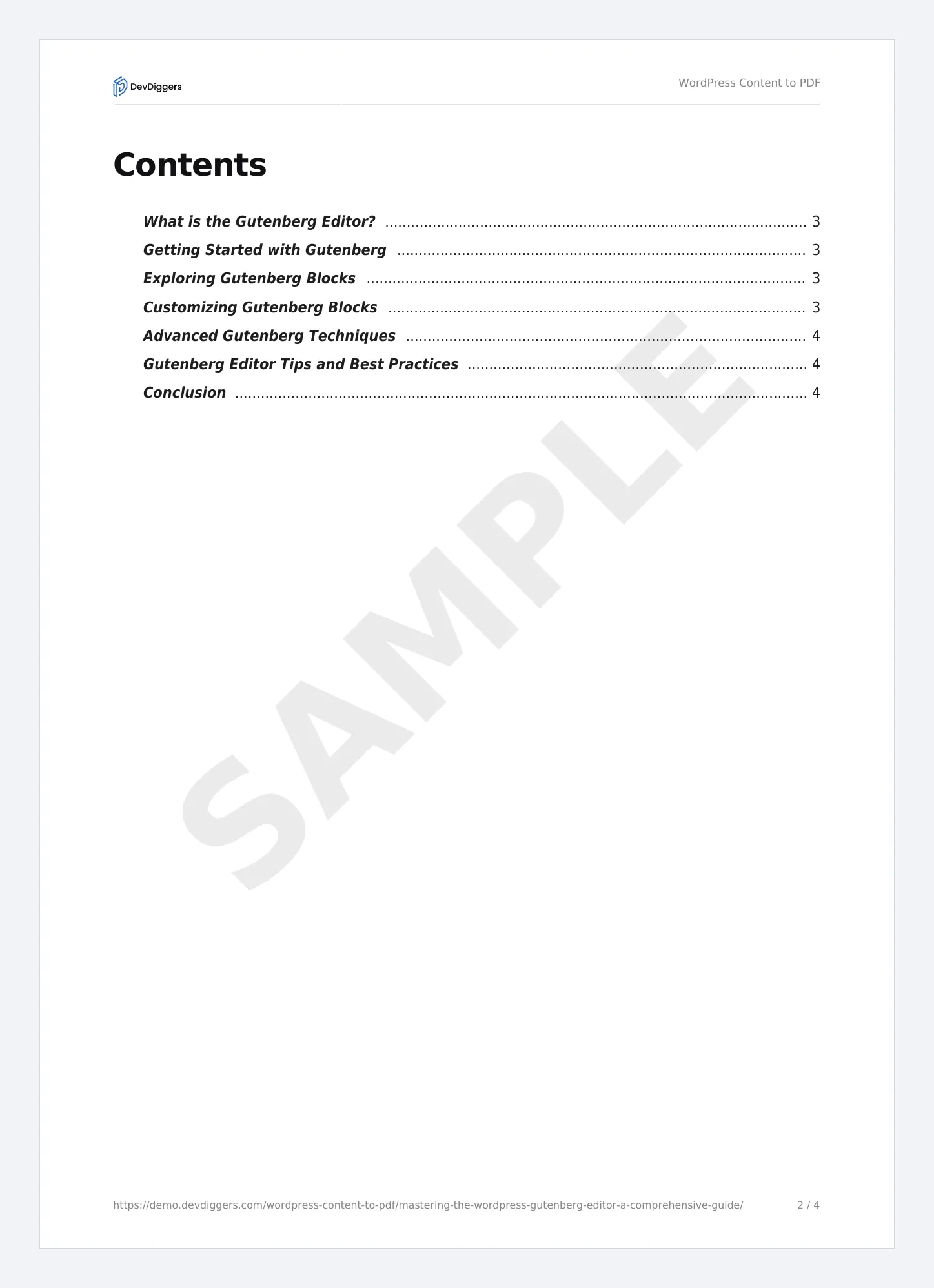 The contents page with seven headings and their page numbers