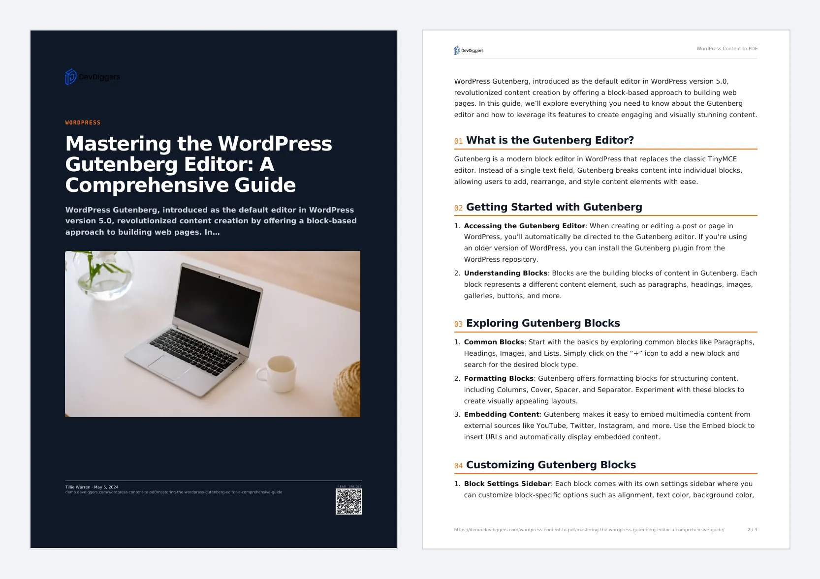 A PDF in the Brand template: dark cover, orange section rules