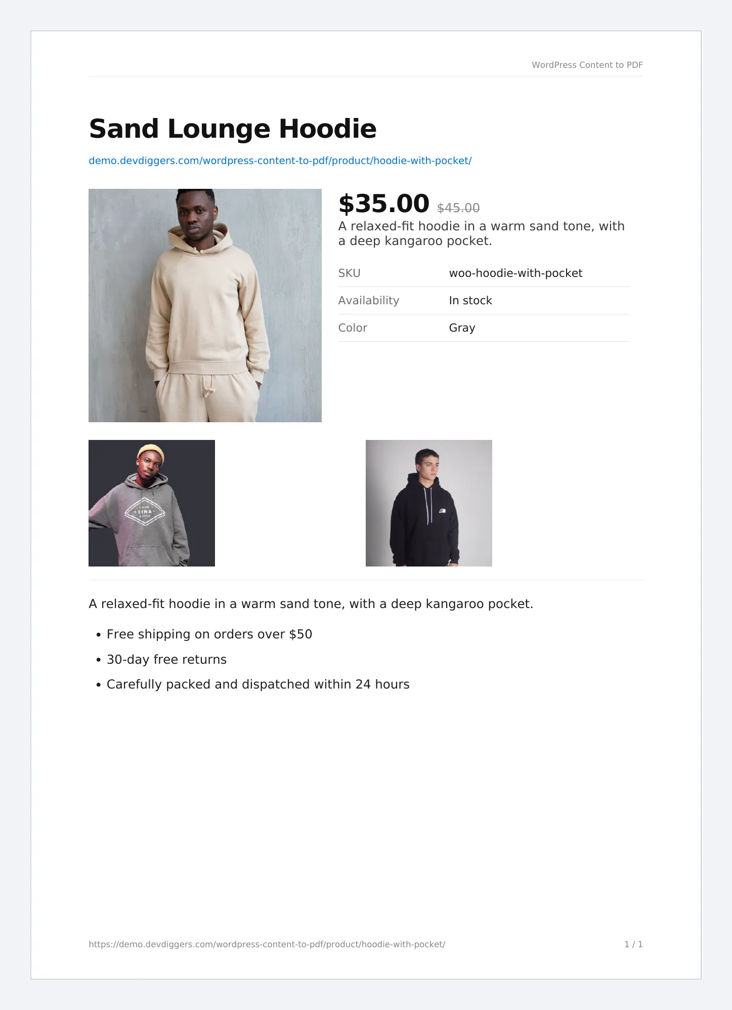 The downloaded product sheet