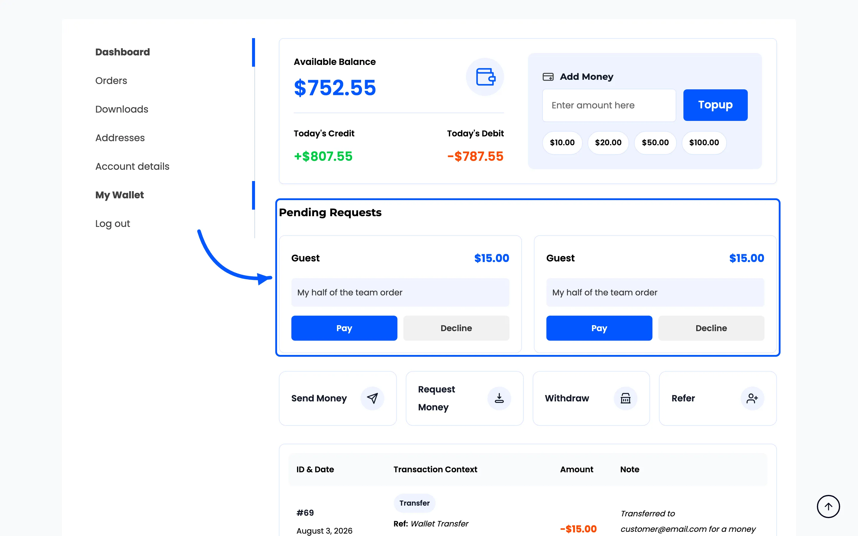 The Pending Requests card on the wallet page with Pay and Decline buttons