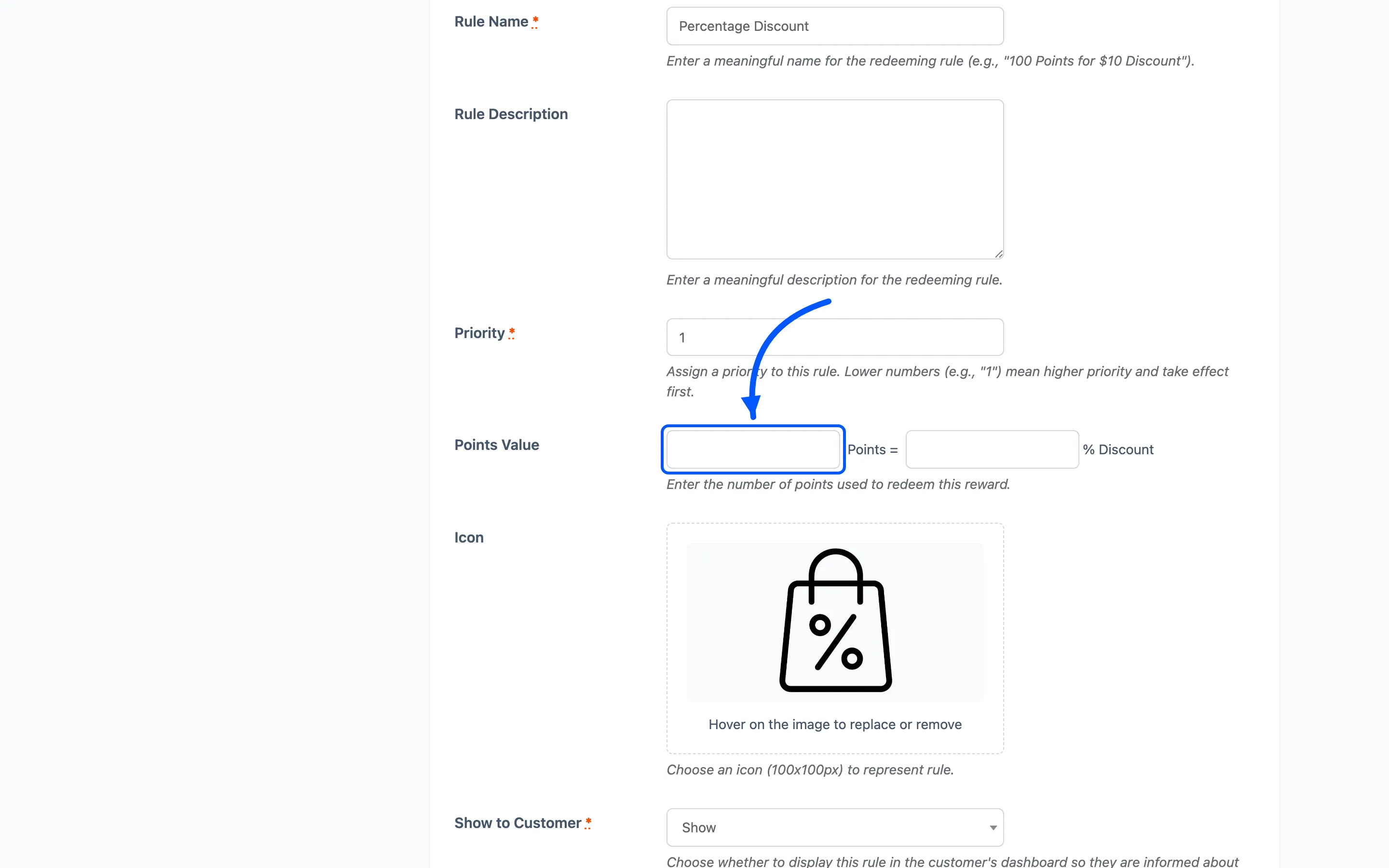 The Percentage Discount rule with the points-to-percentage value marked