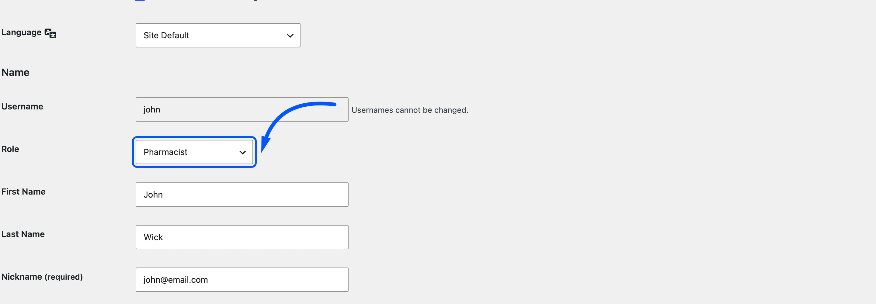 A user’s profile with Role set to Pharmacist