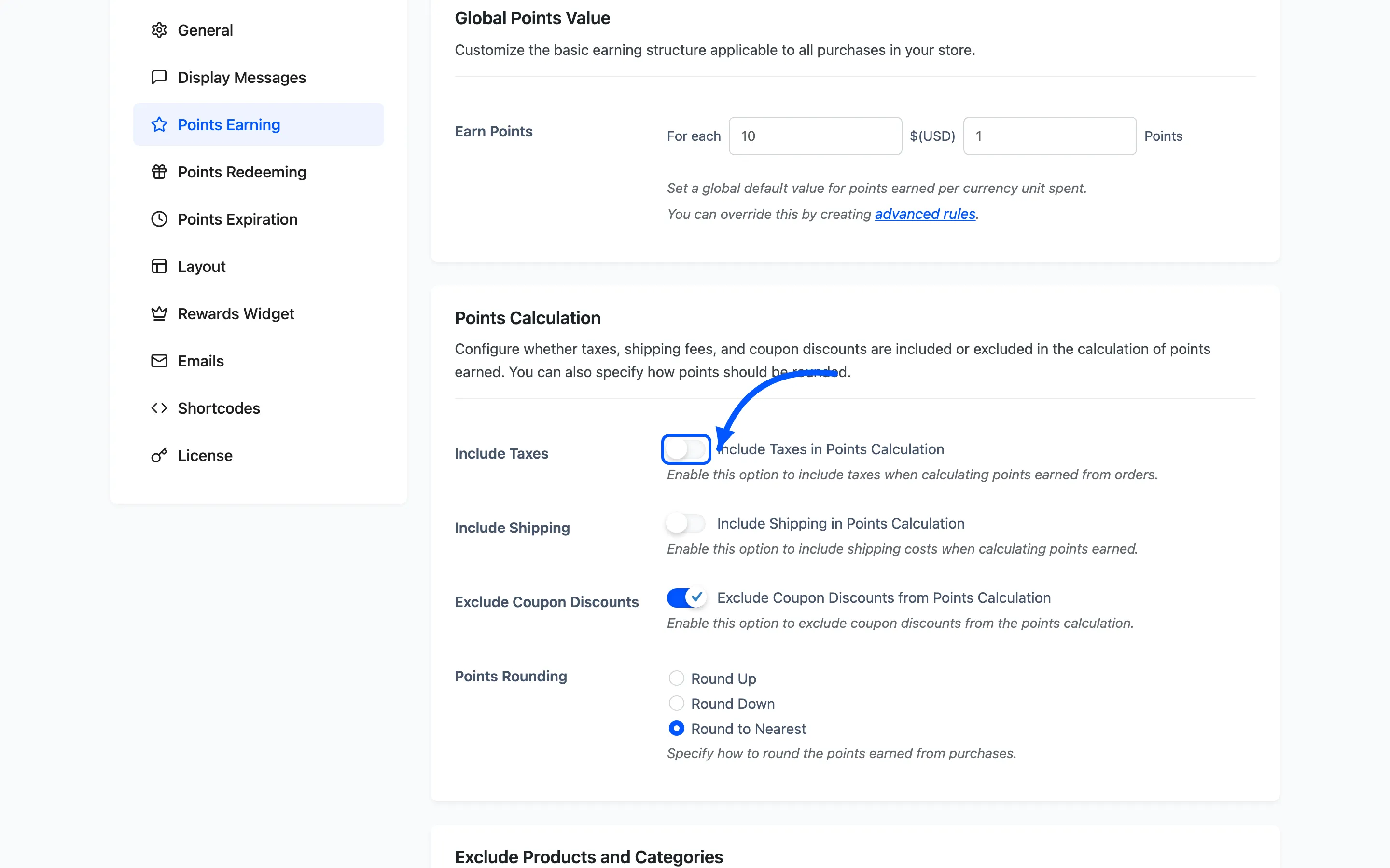 The Points Calculation options with the Include Taxes toggle marked
