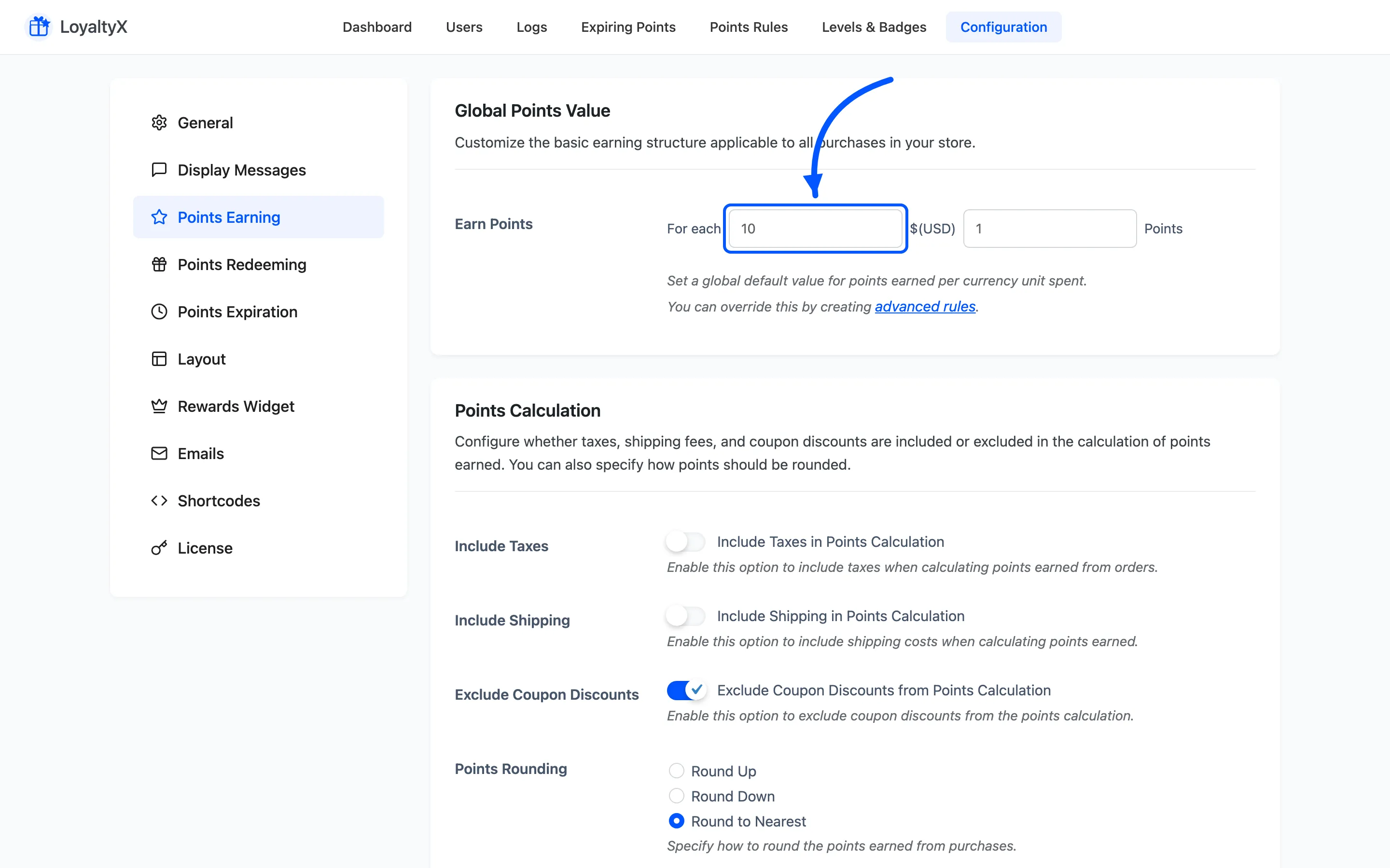 The Points Earning settings with the global rate field marked