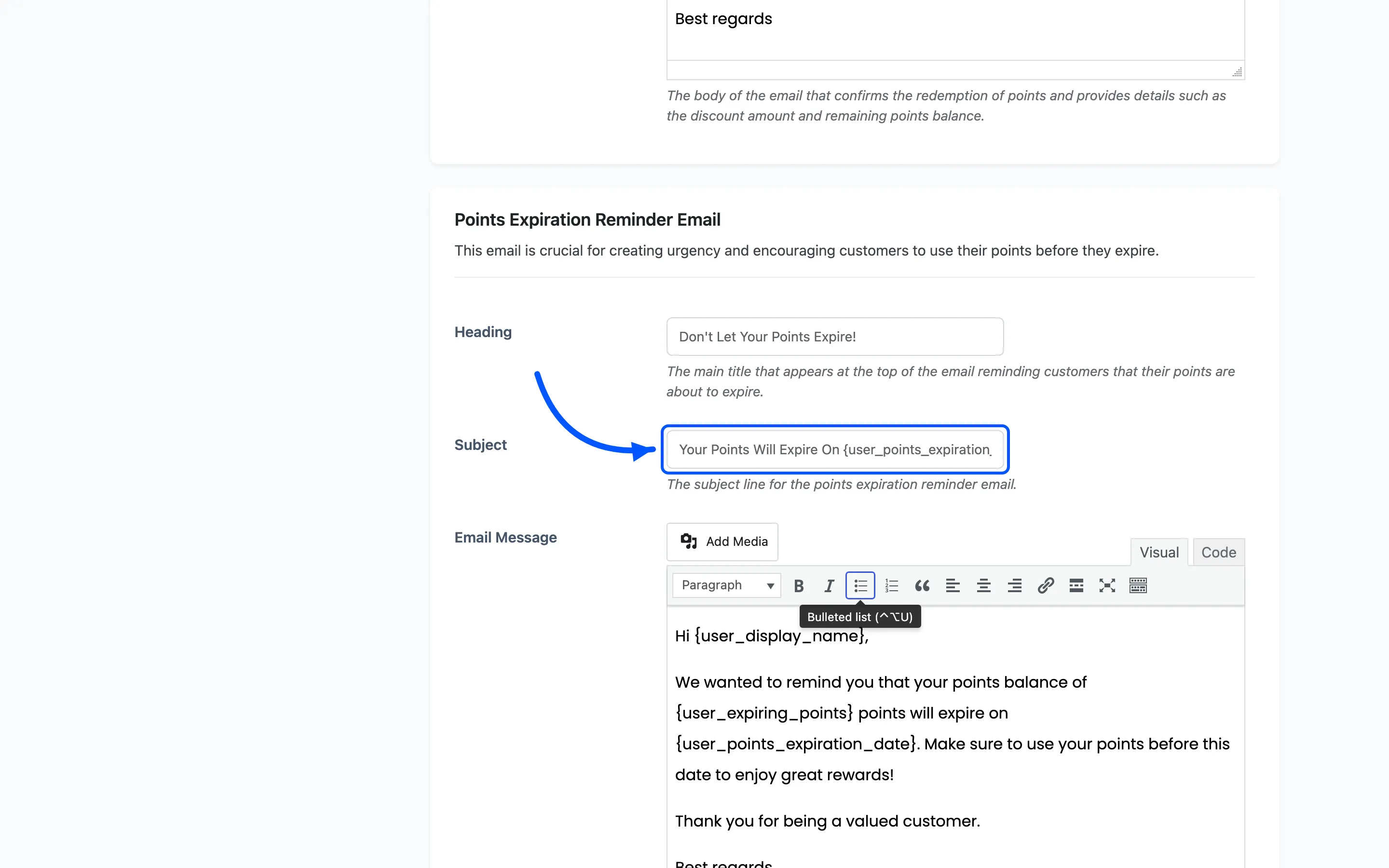 The Points Expiration Reminder Email fields on the Emails tab