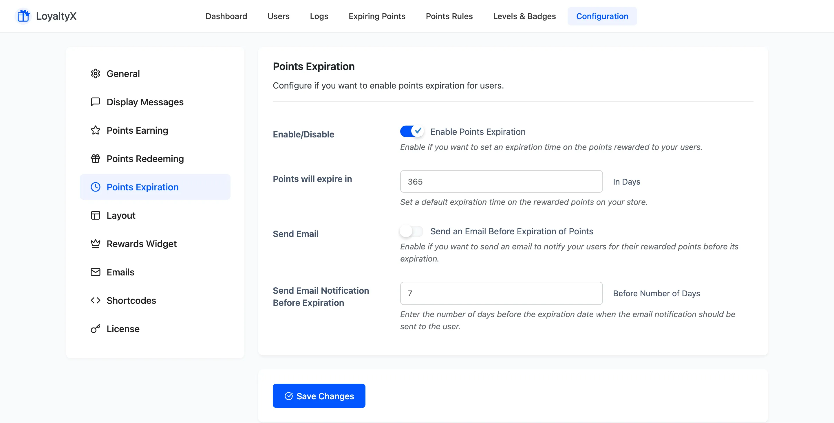 The LoyaltyX Points Expiration settings with the expiry window and reminder email options