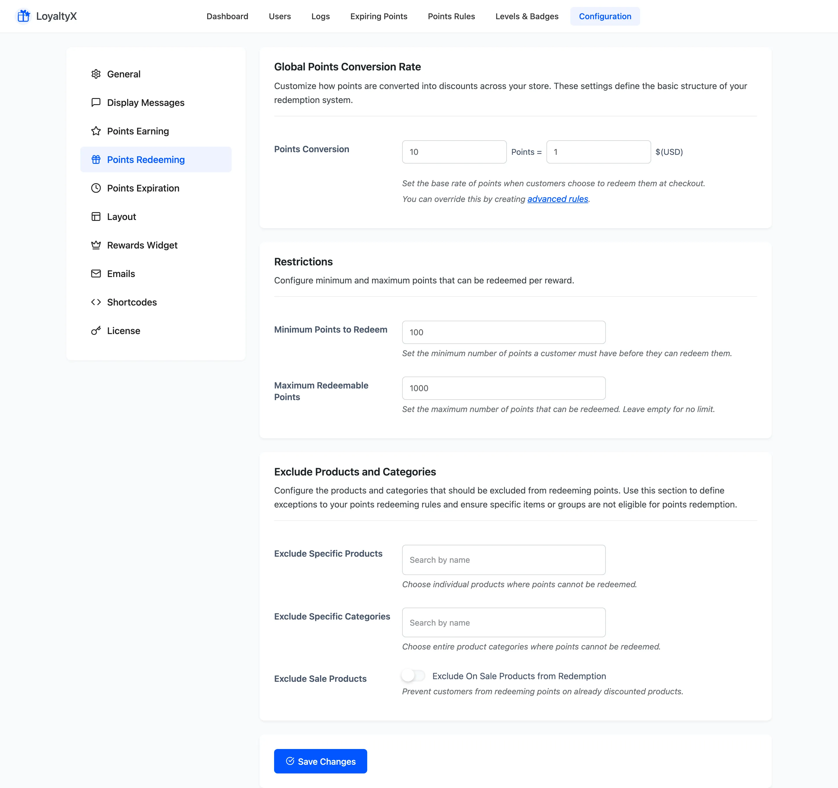 The LoyaltyX Points Redeeming settings with the conversion rate, limits and exclusions