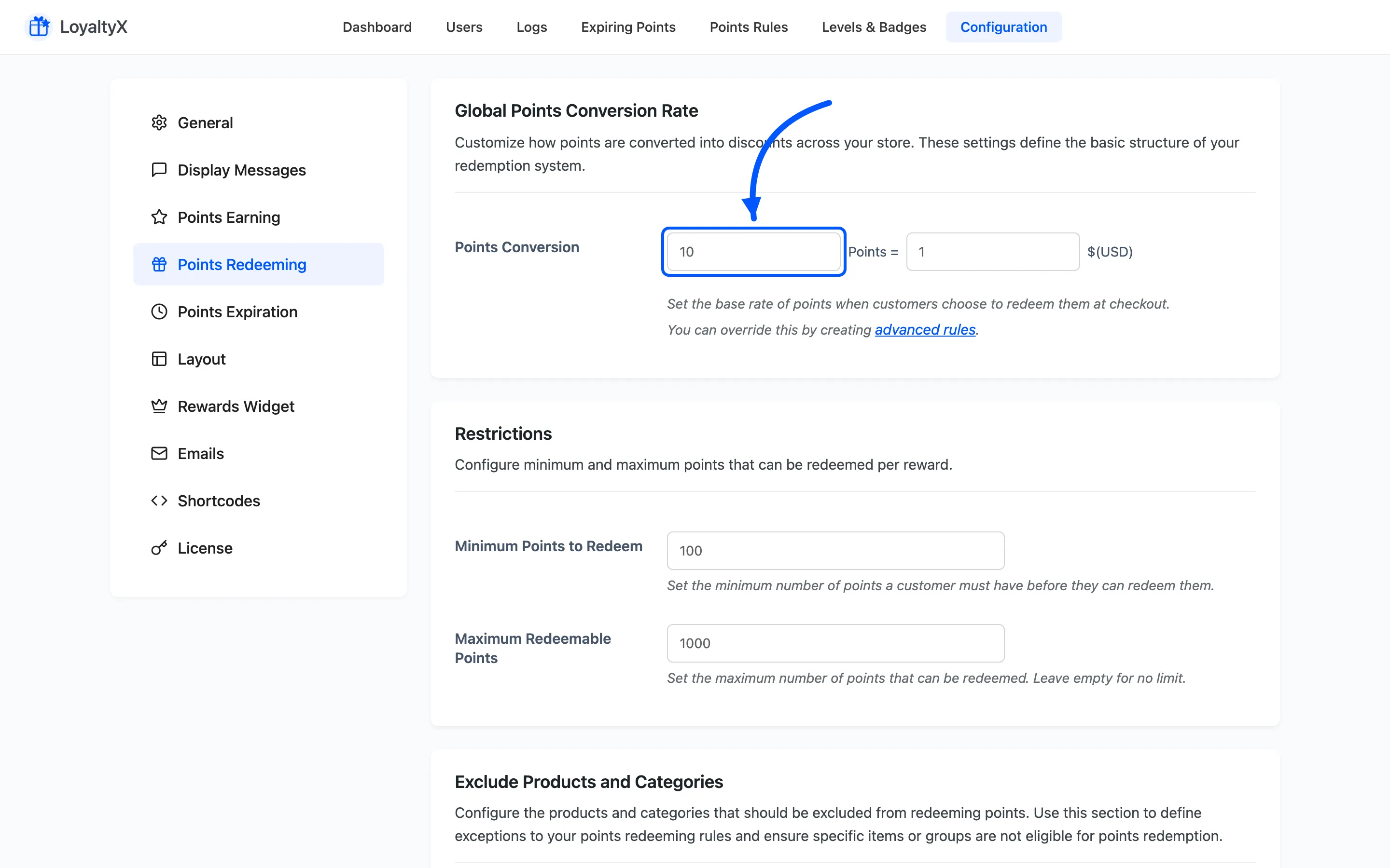 The Points Redeeming tab with the Points Conversion rate field marked