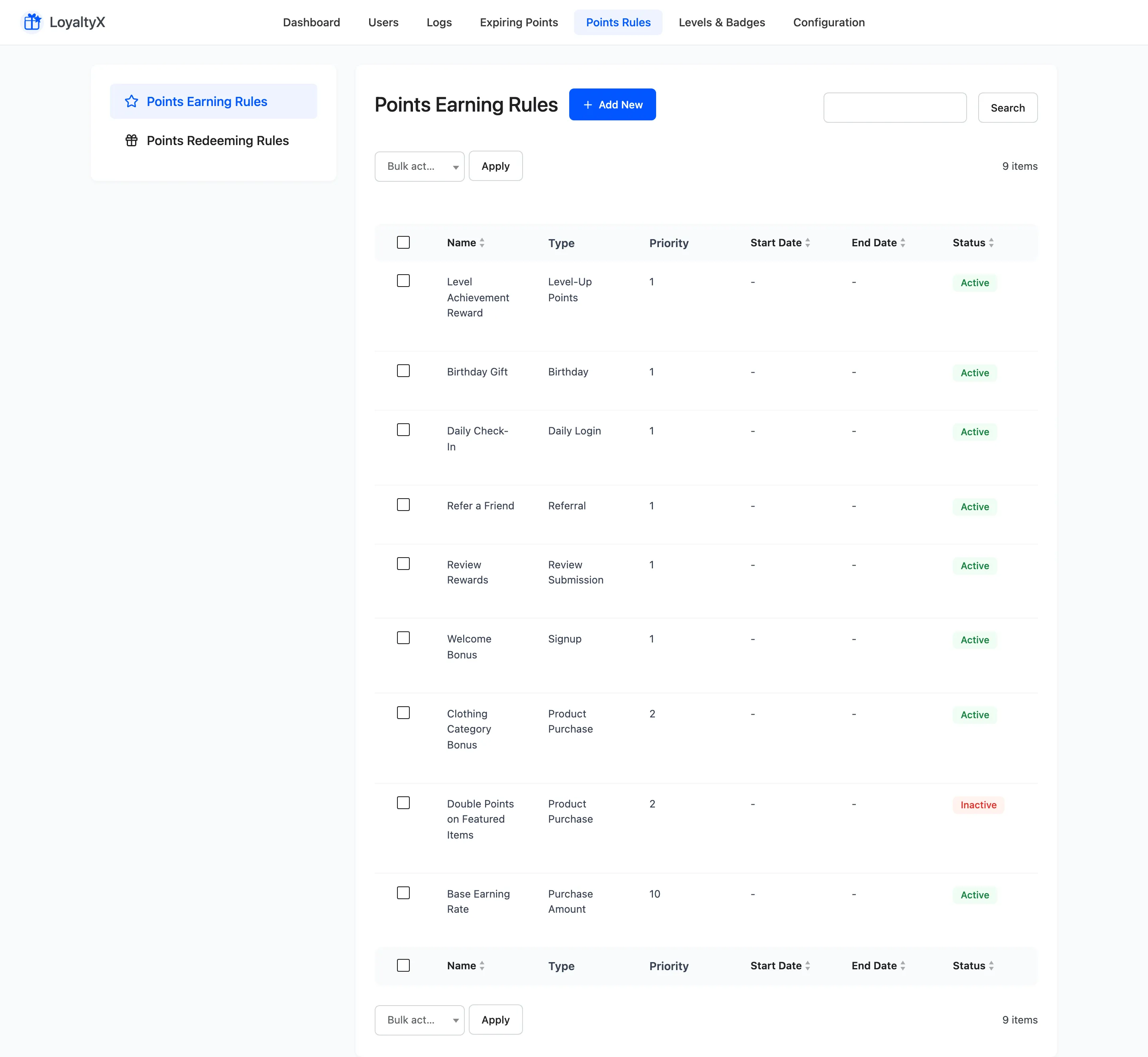 The LoyaltyX Points Rules list with earning rules and their types