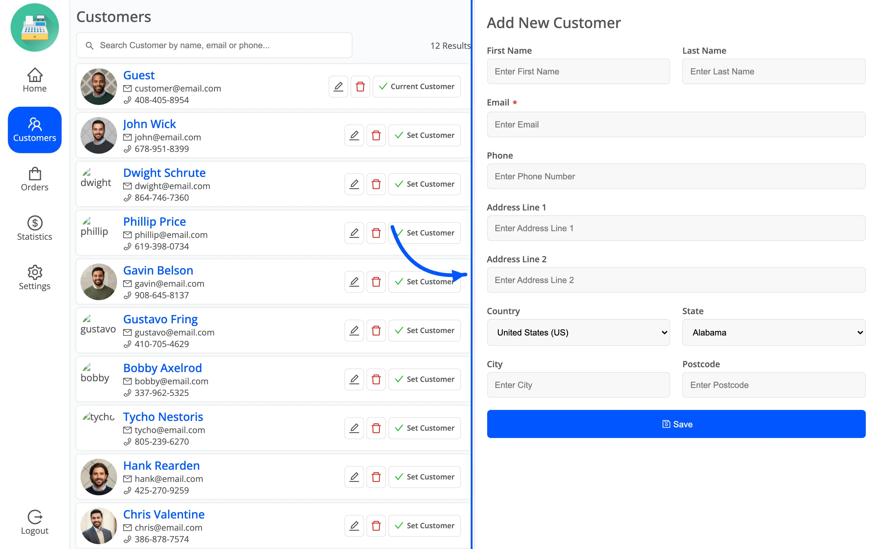 The add customer form in the POS