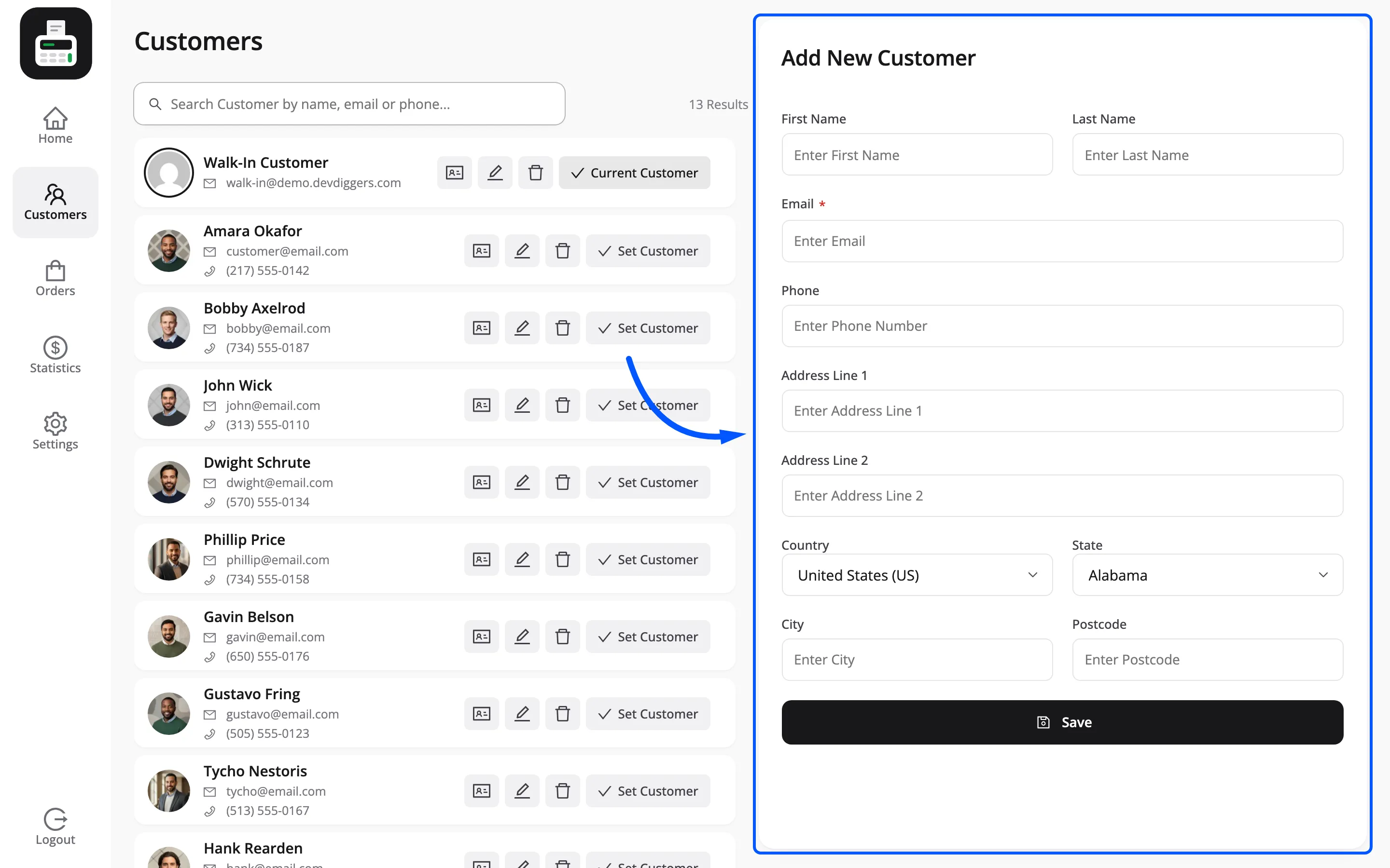 The add customer form in the POS