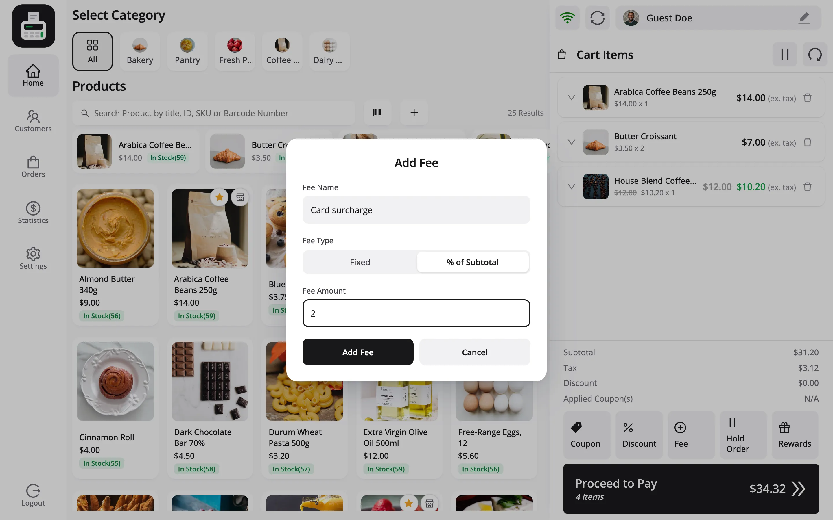 The Add Fee popup with the name Card surcharge, % of Subtotal selected and an amount of 2