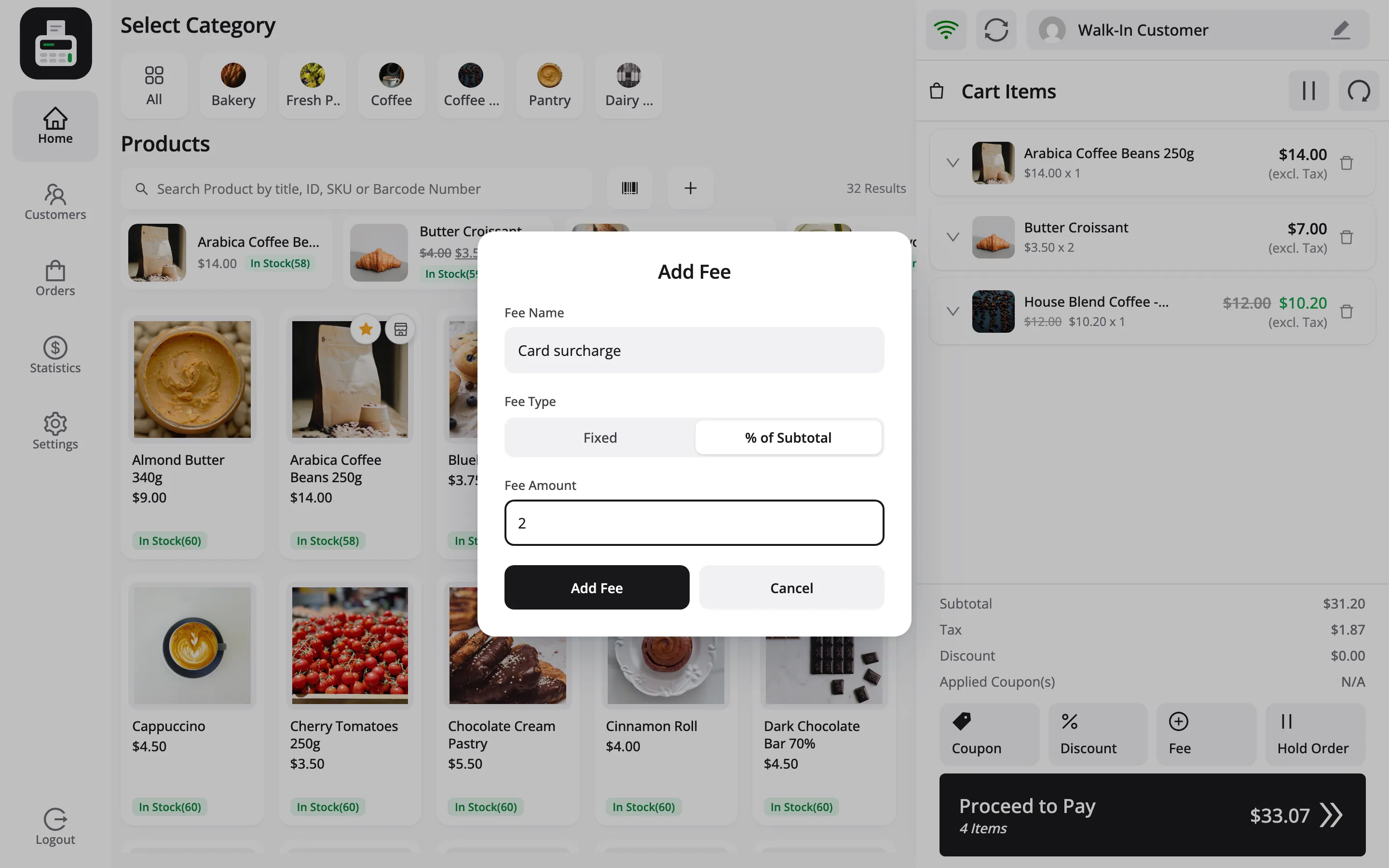 The Add Fee popup with the name Card surcharge, % of Subtotal selected and an amount of 2