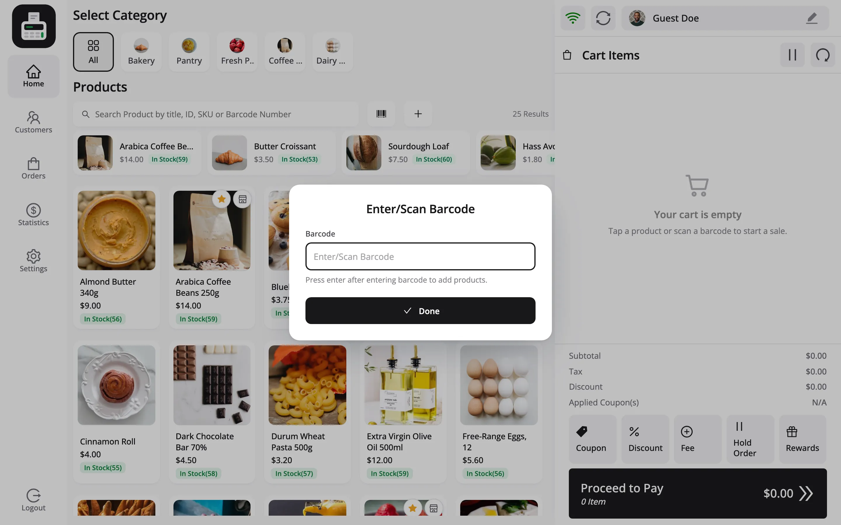 The Enter or Scan Barcode popup over the POS product grid