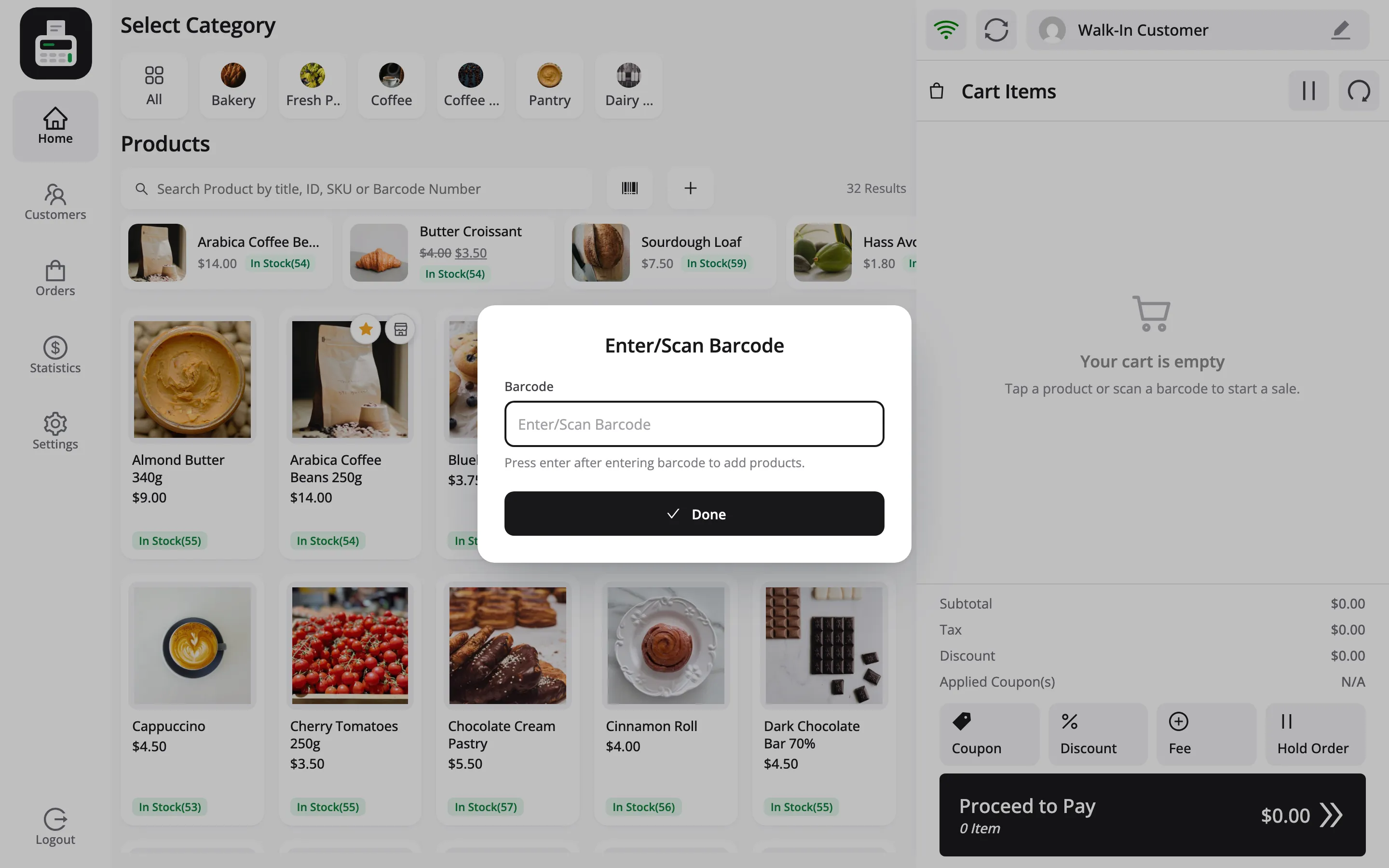 The Enter or Scan Barcode popup over the POS product grid