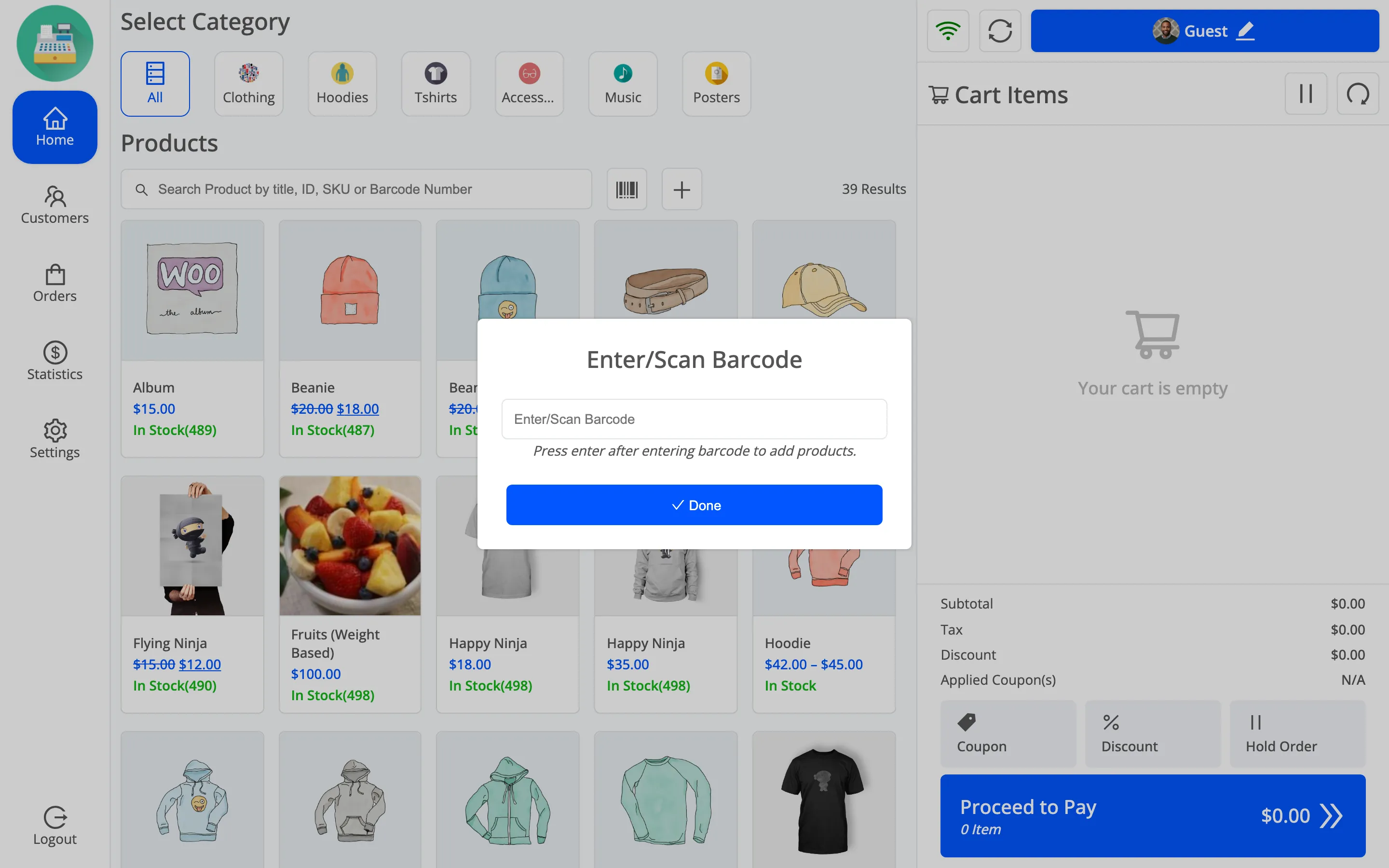 The Enter or Scan Barcode popup on the POS home screen
