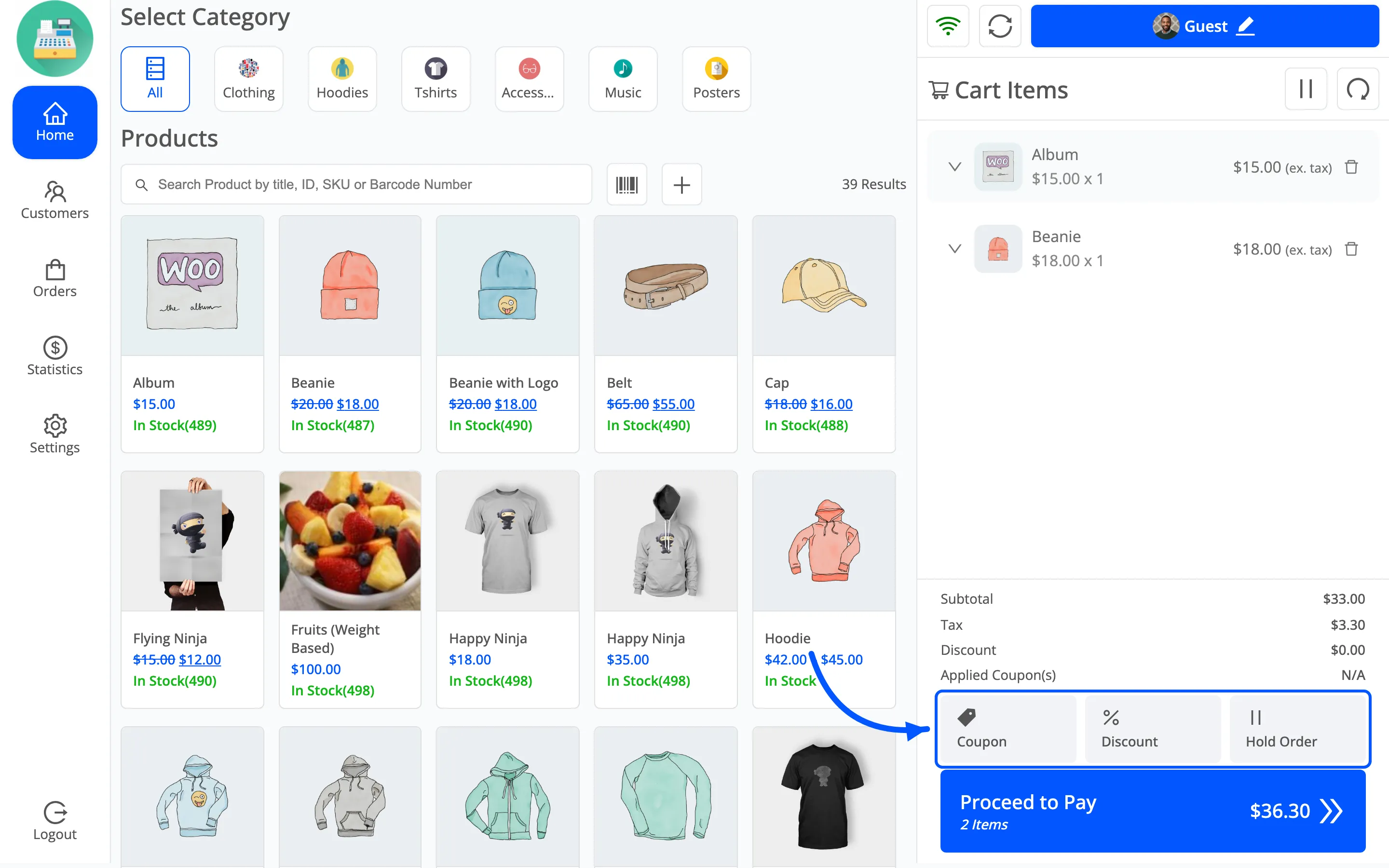 The Coupon, Discount and Hold Order buttons in the POS cart