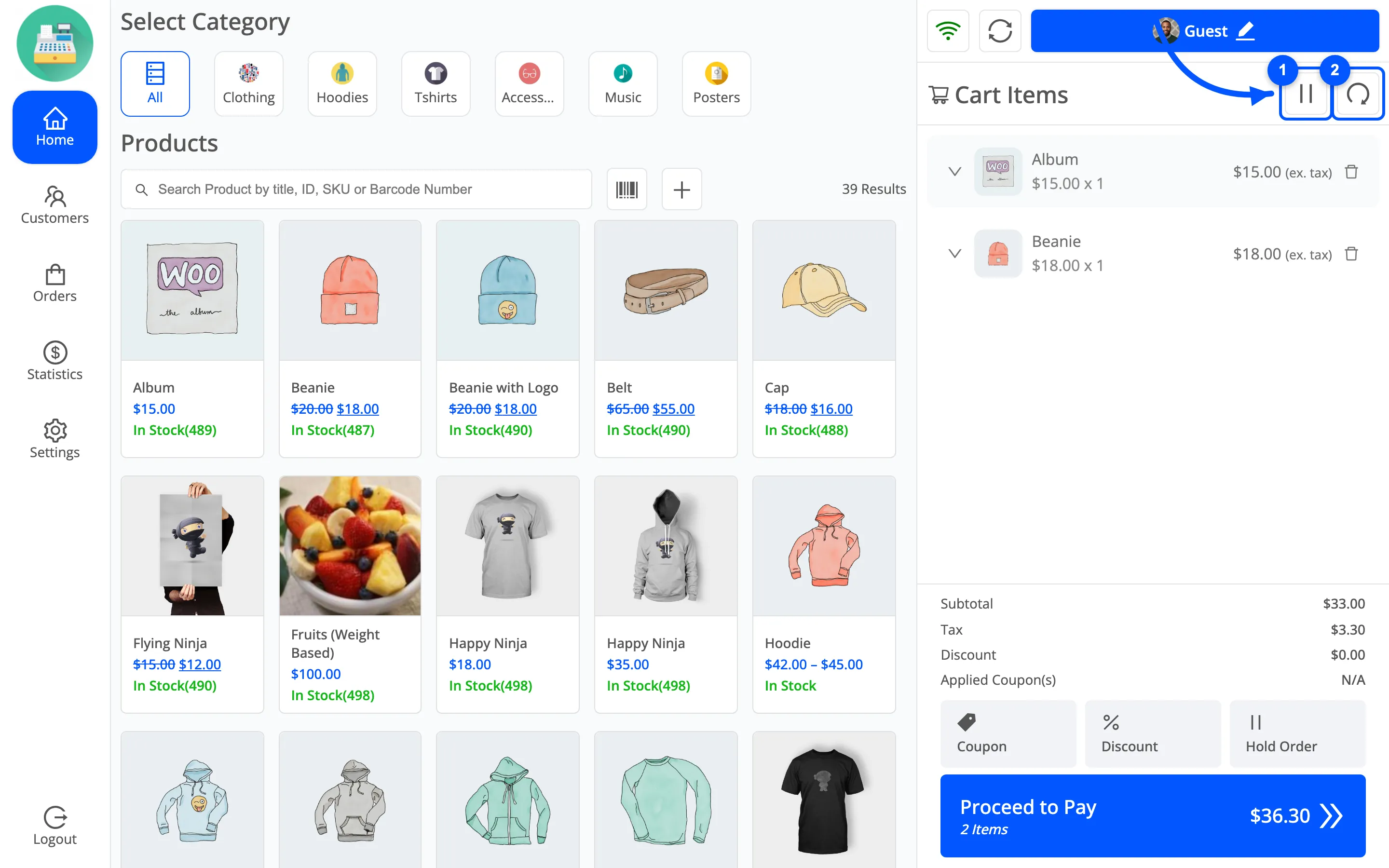 The hold and reset icons in the POS cart header