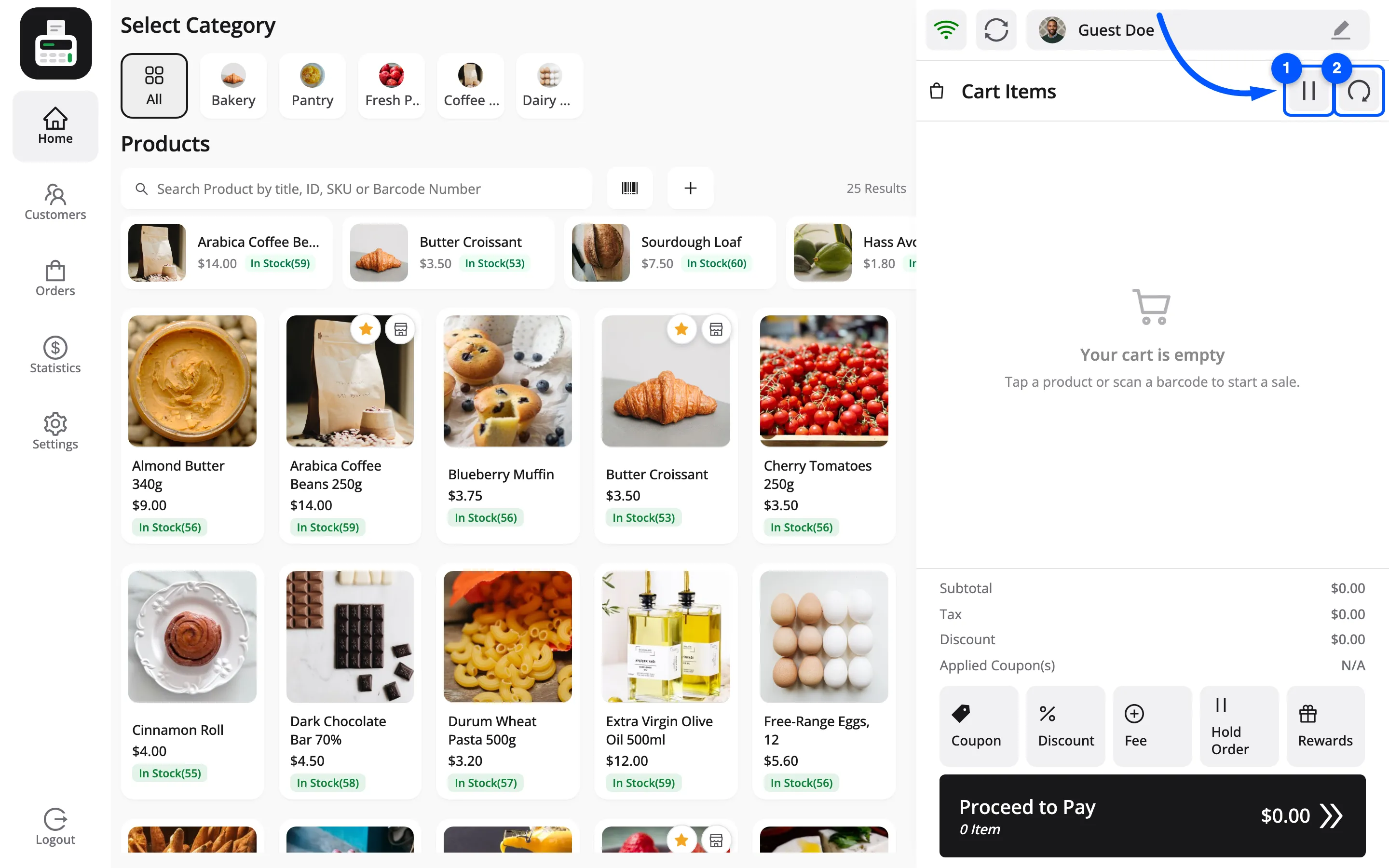 The hold and reset icons in the POS cart header