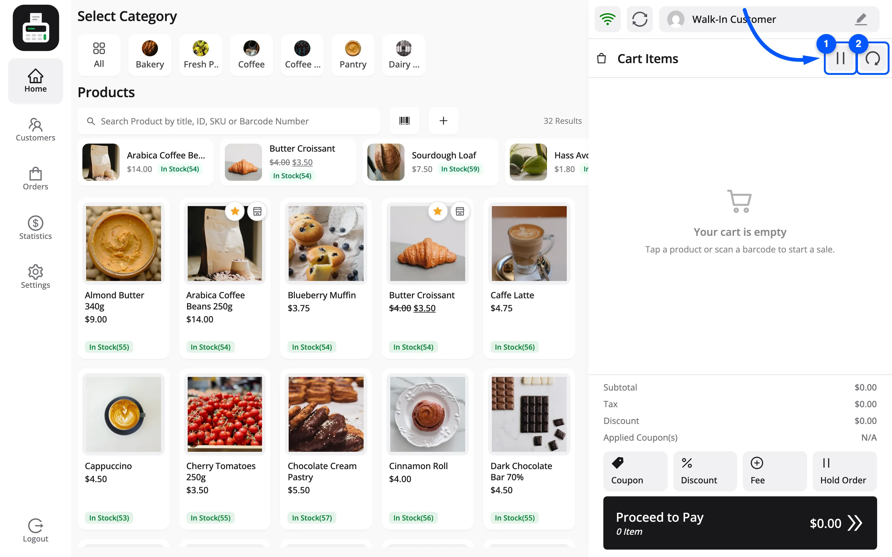 The hold and reset icons in the POS cart header