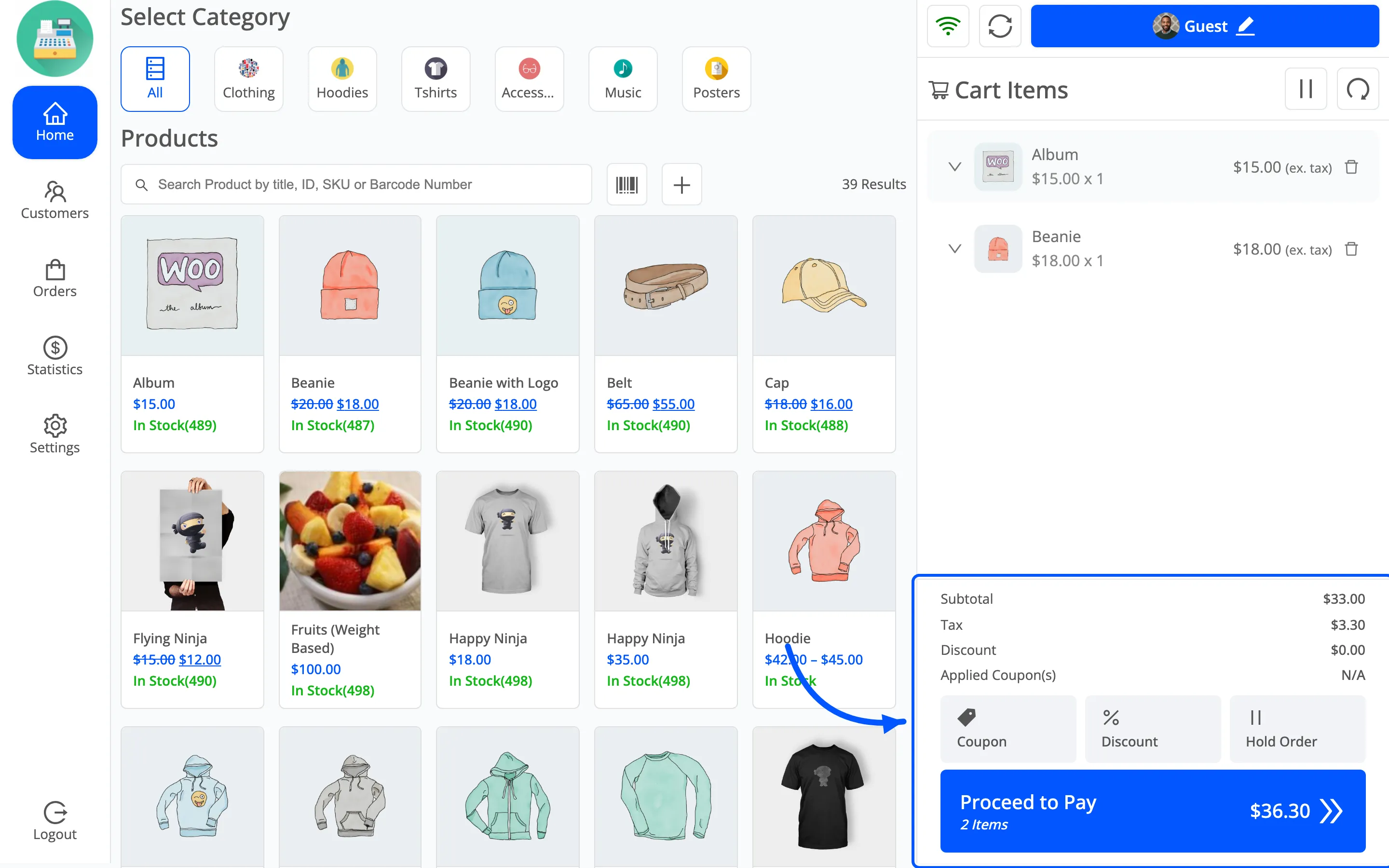 The POS cart totals showing subtotal, tax, discount and applied coupons