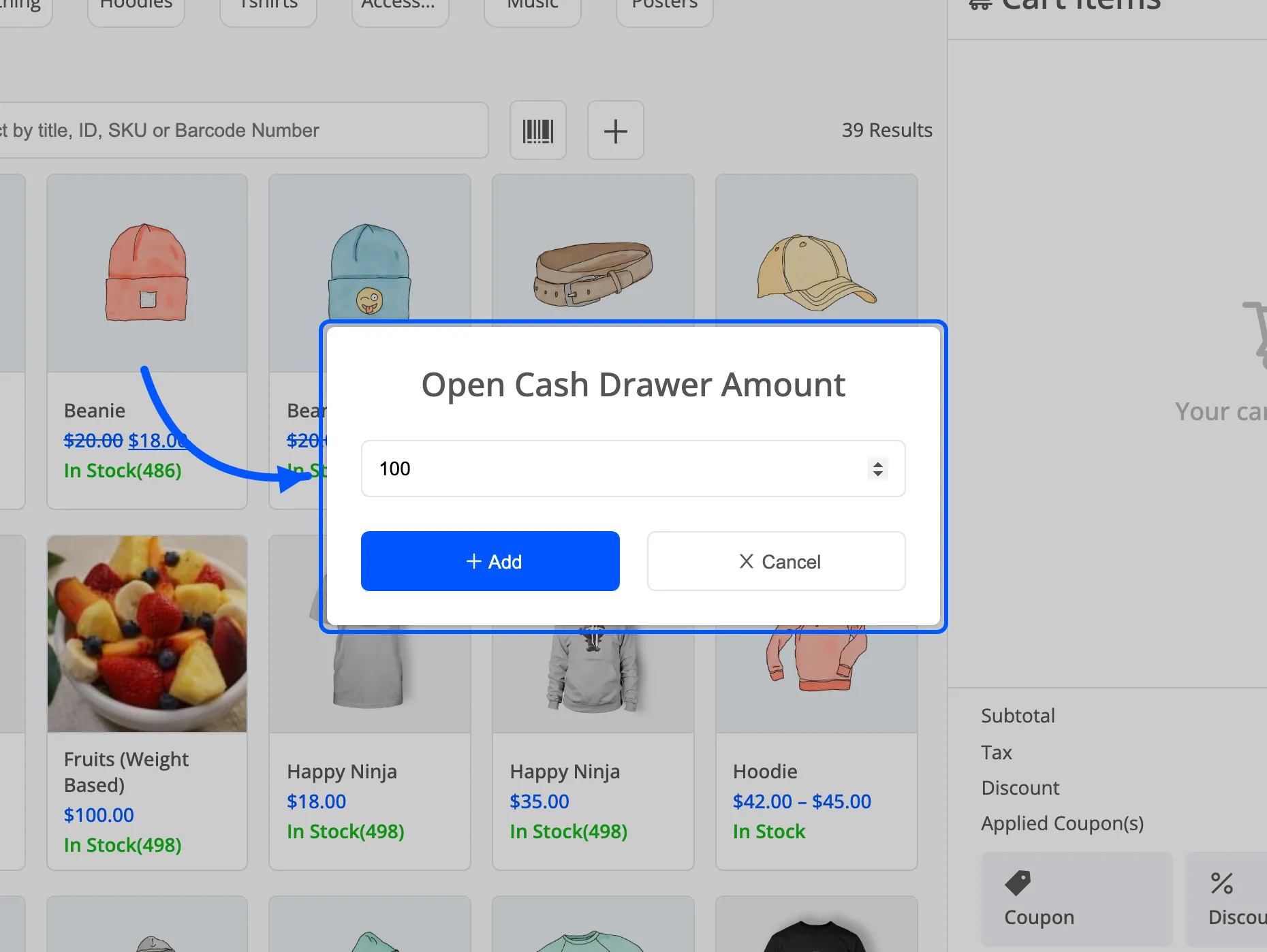 The Open Cash Drawer Amount prompt with an opening float typed in and Add live