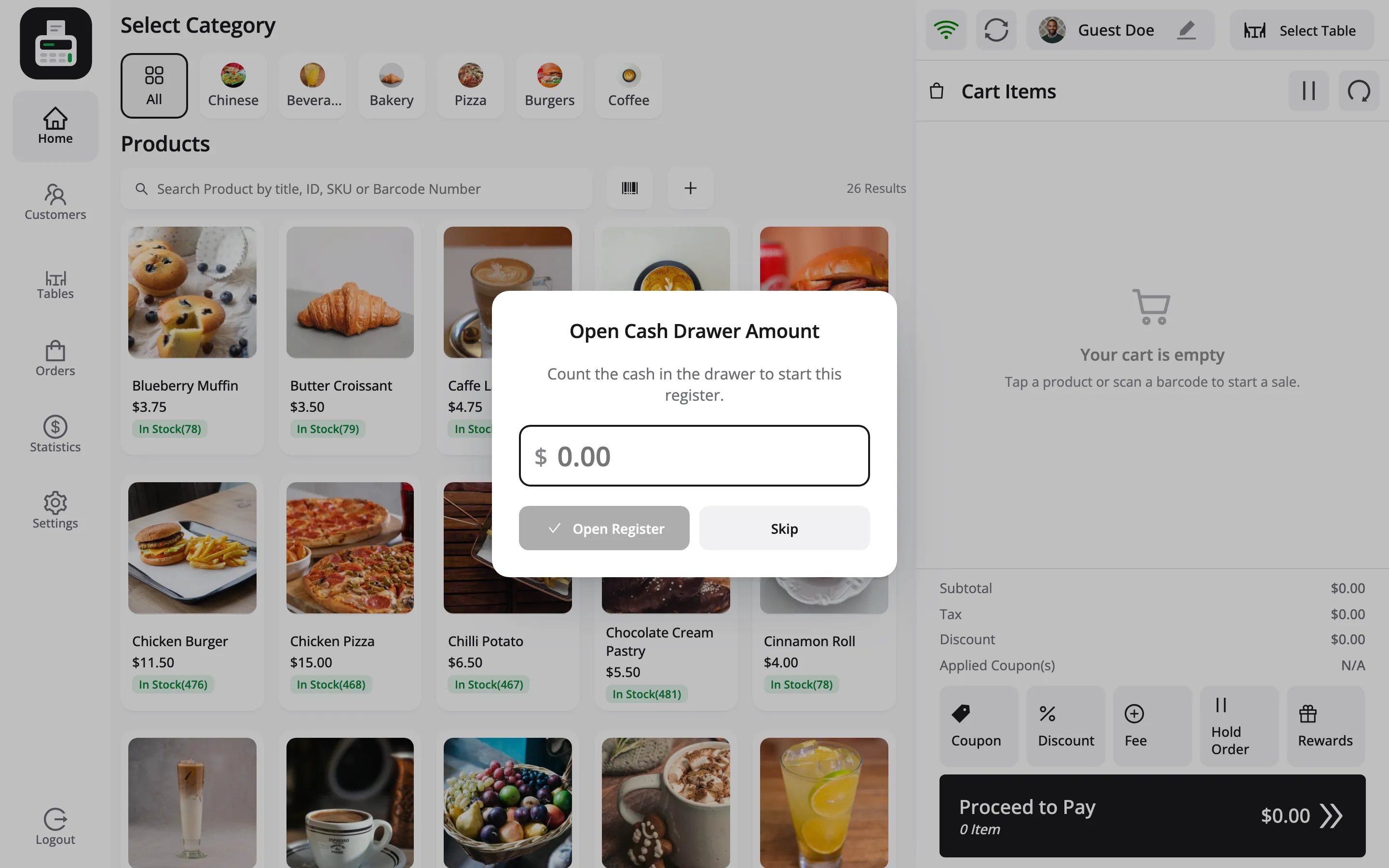 The Open Cash Drawer Amount prompt in the POS