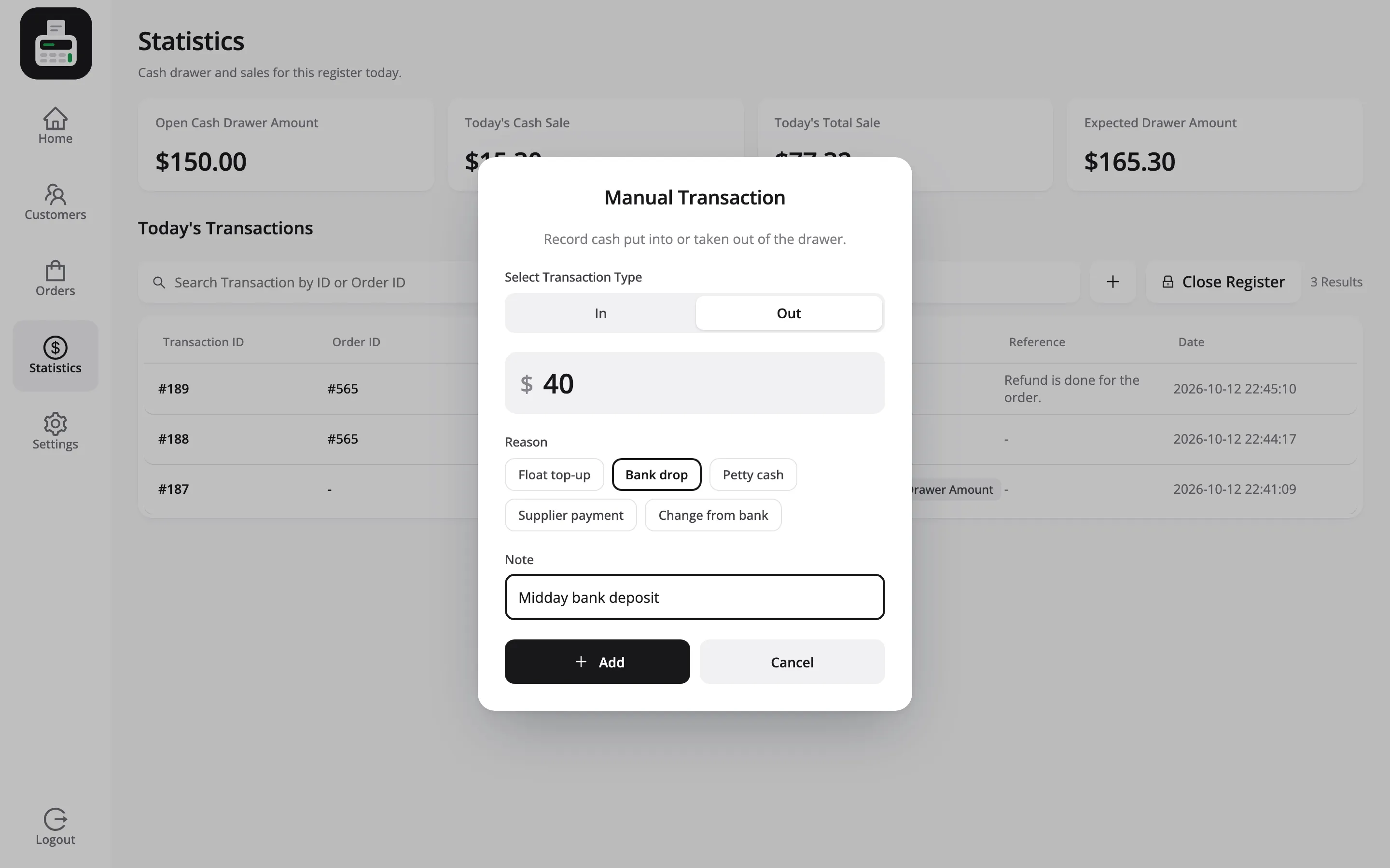 The Manual Transaction popup on the POS with the reasons shown as buttons and Bank drop selected