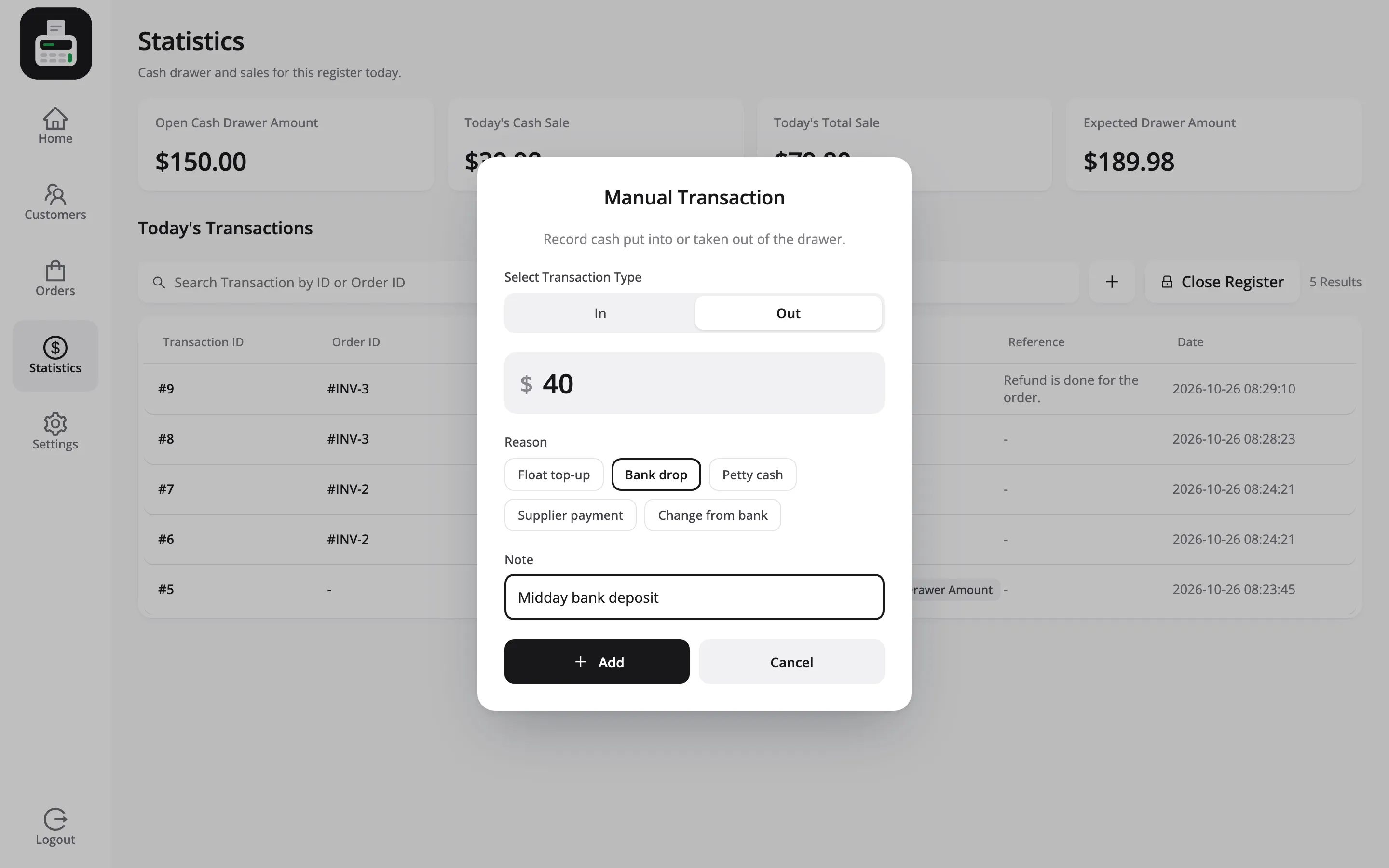 The Manual Transaction popup on the POS with the reasons shown as buttons and Bank drop selected