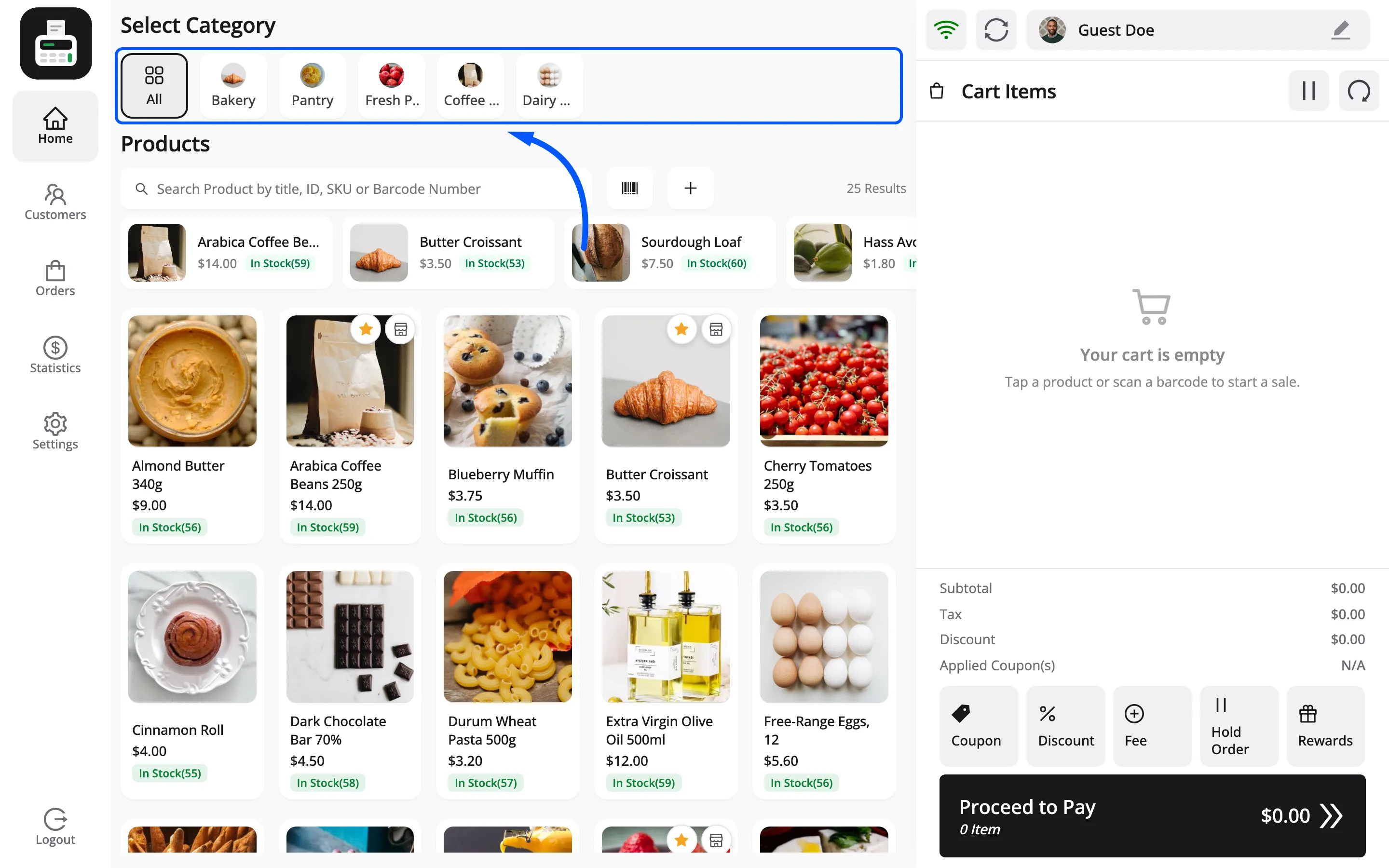 The category cards across the top of the POS home screen