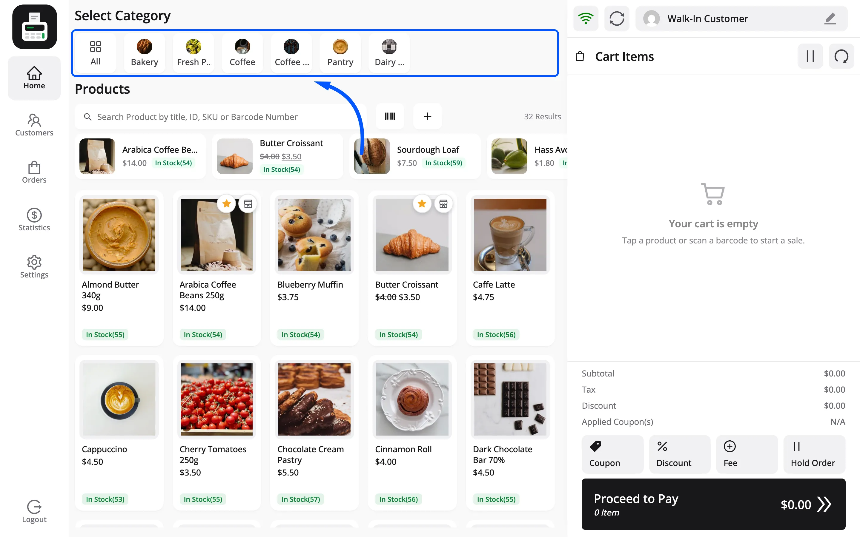 The category cards across the top of the POS home screen