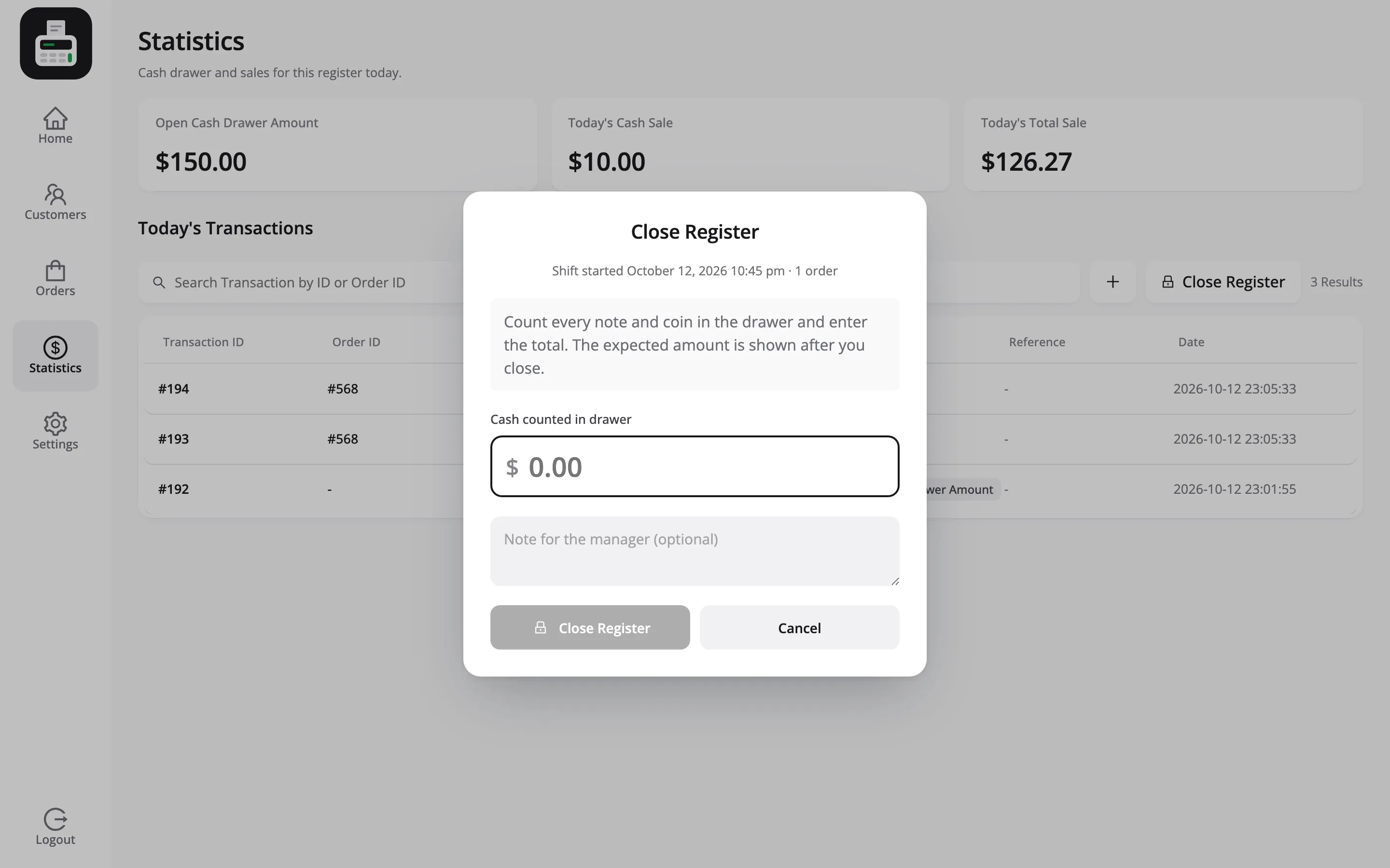 The Close Register popup with blind close on, showing only the counting hint and the counted field