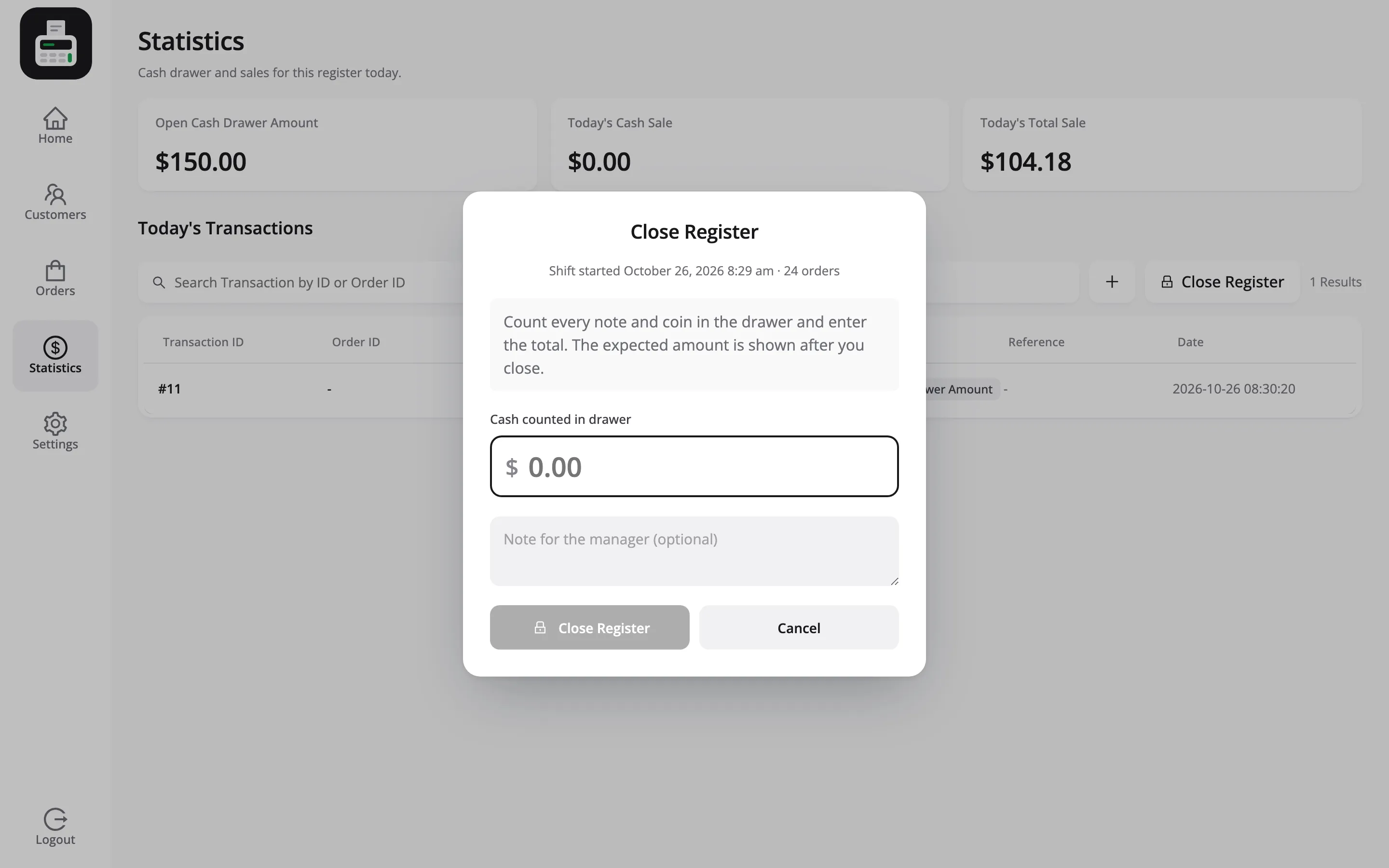 The Close Register popup with blind close on, showing only the counting hint and the counted field