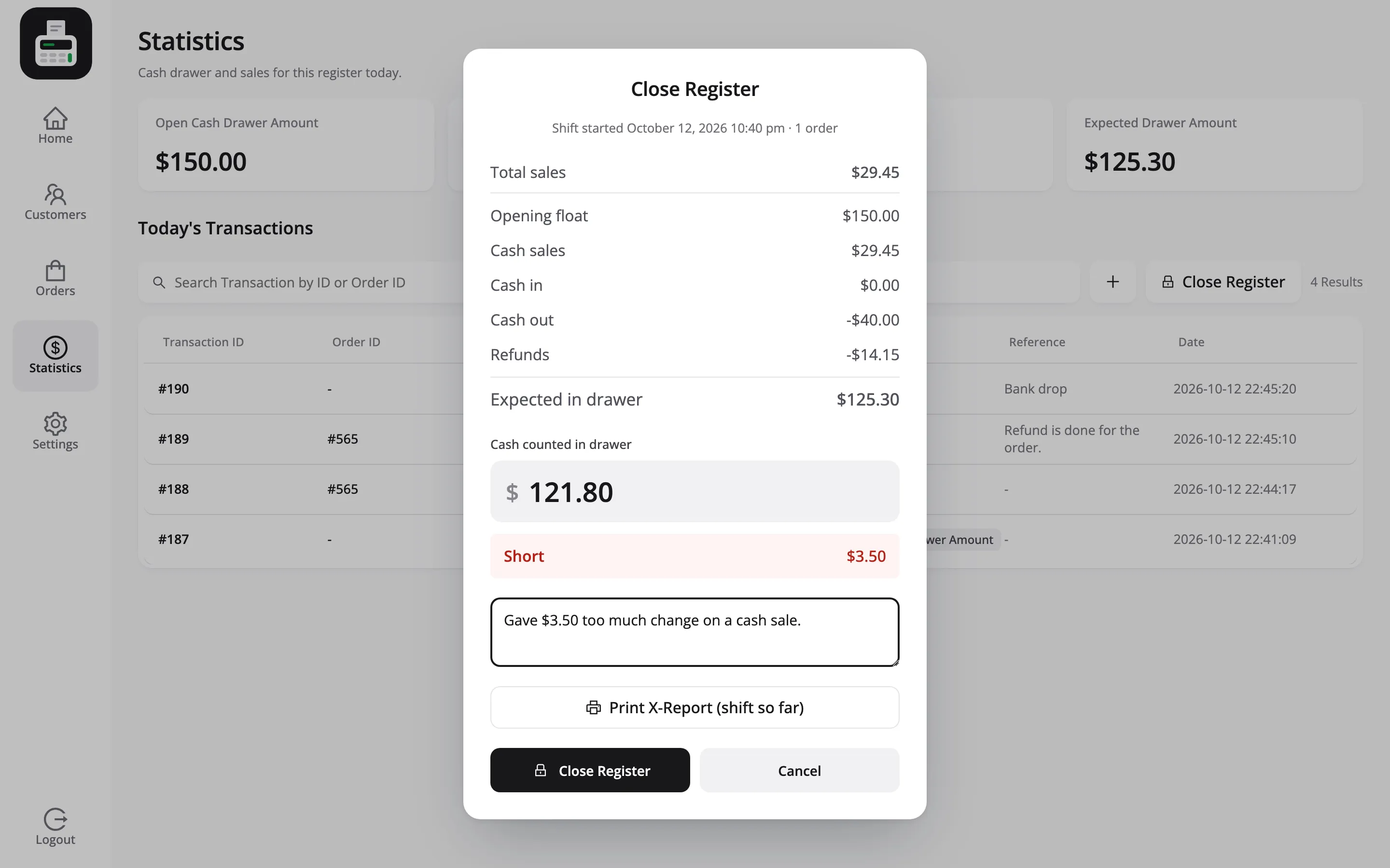 The Close Register popup showing the expected amount, the counted cash and a $3.50 shortfall with a note