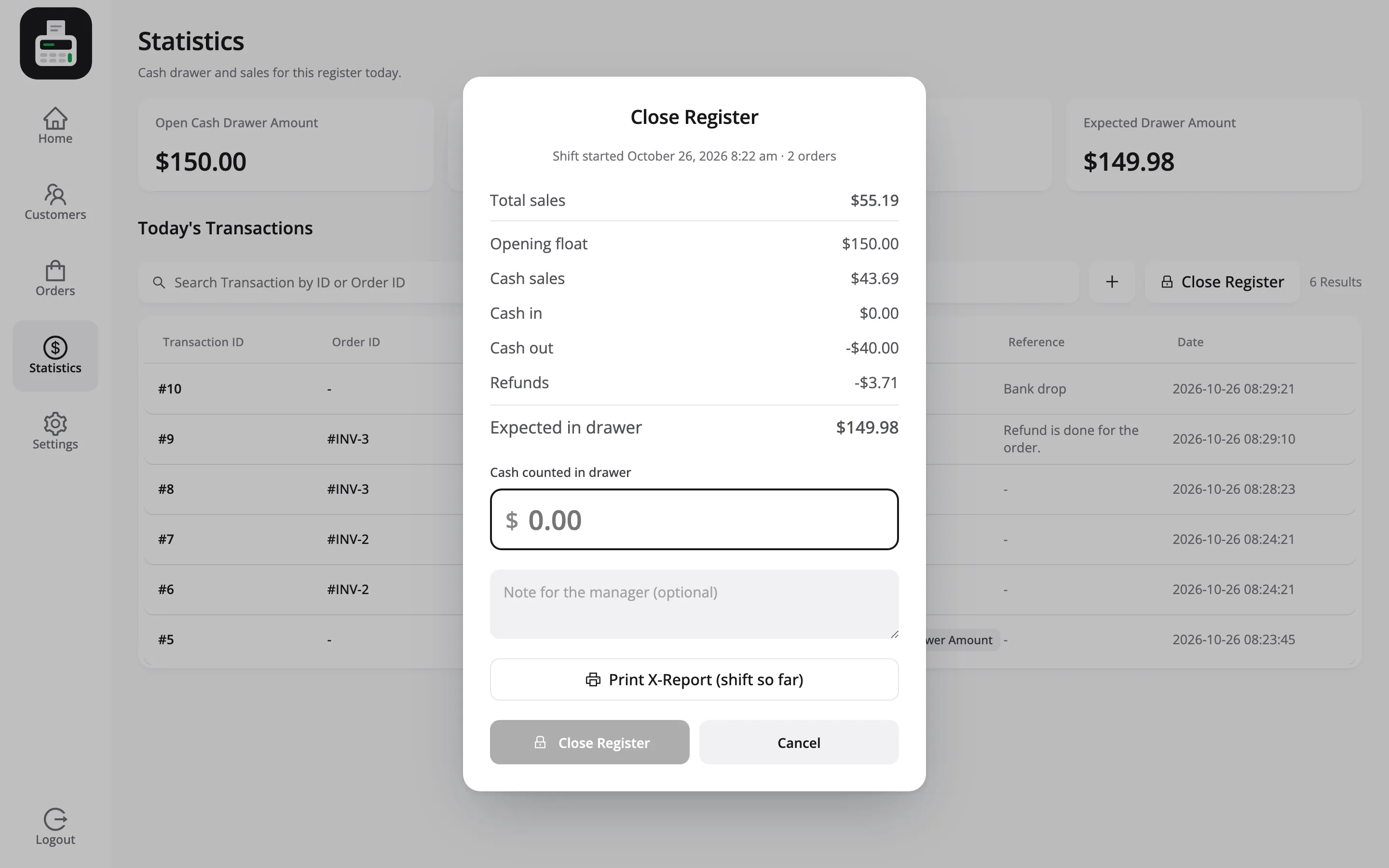 The Close Register popup with the shift’s lines adding up to the amount expected in the drawer, and an empty counted field