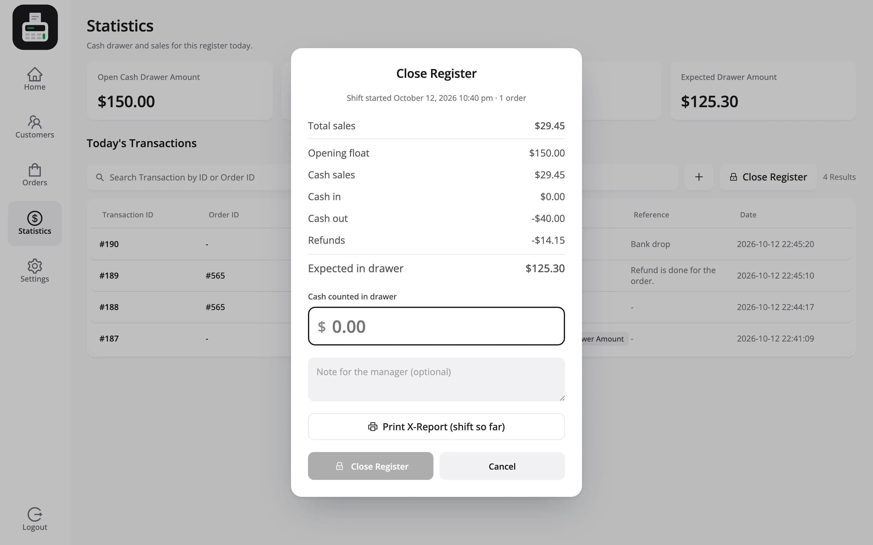 The Close Register popup listing total sales, opening float, cash sales, cash in, cash out, refunds and the expected amount