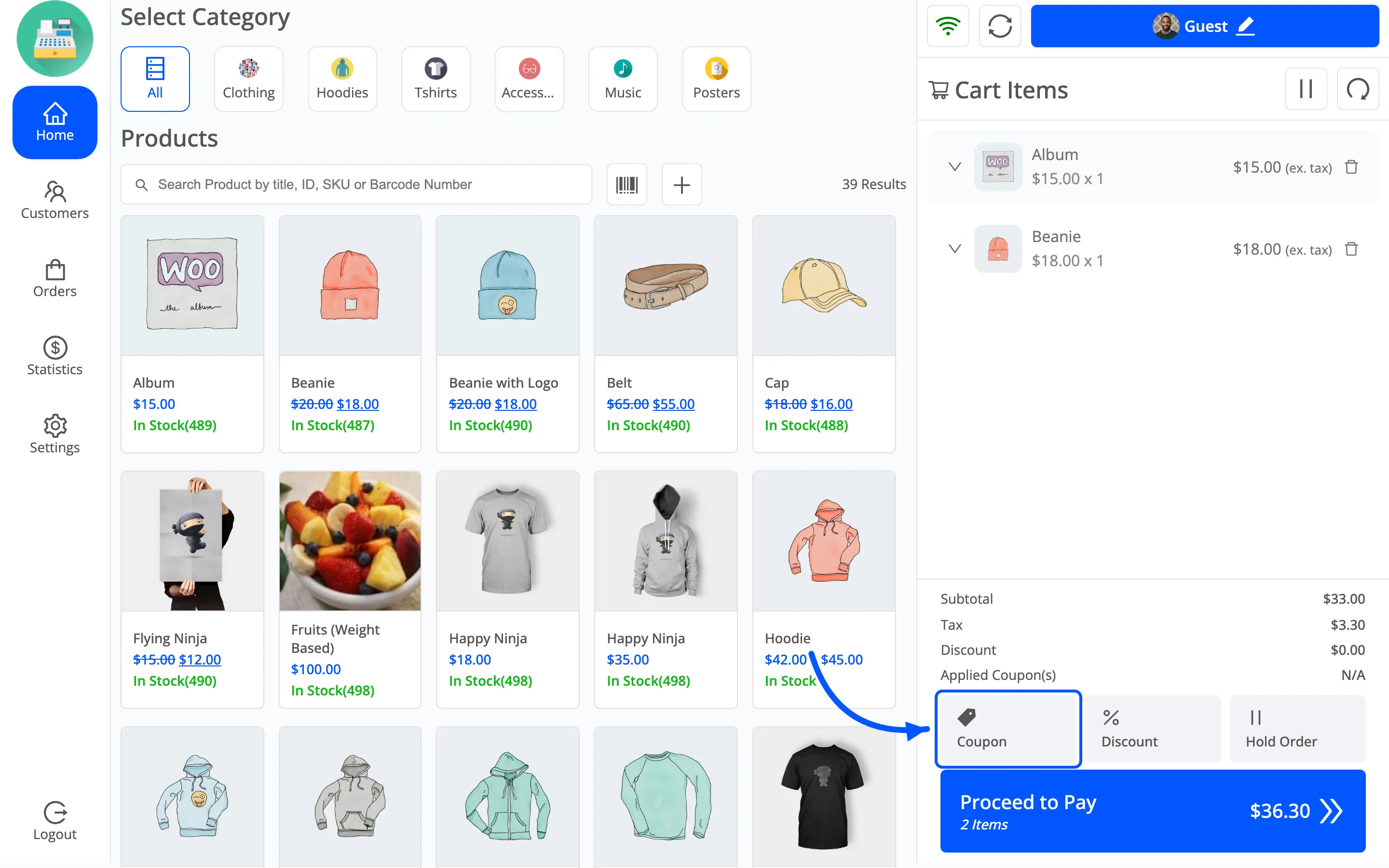 The Coupon button in the POS cart actions