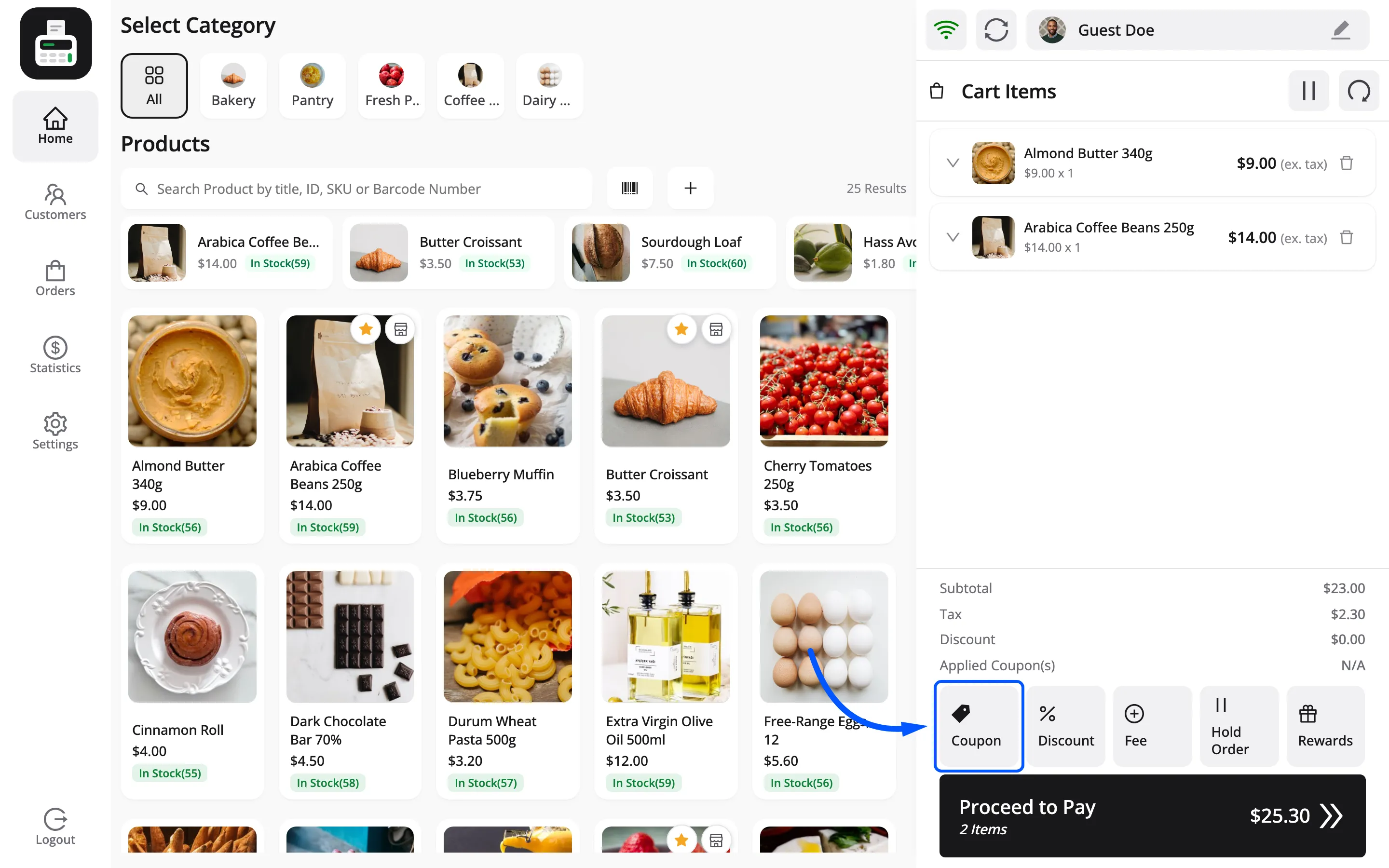 The Coupon button in the POS cart actions