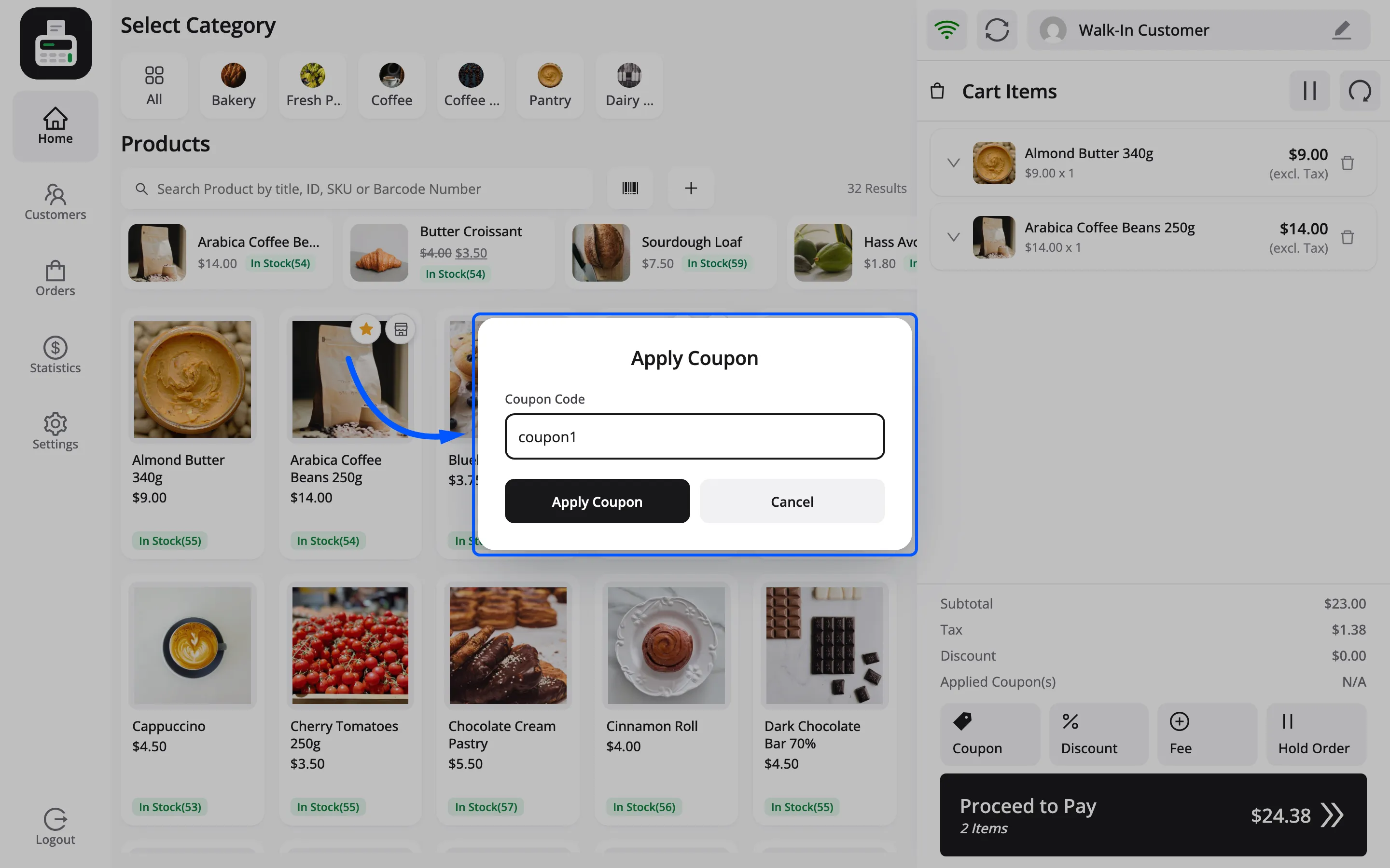 The Apply Coupon popup with a code typed into the Coupon Code field