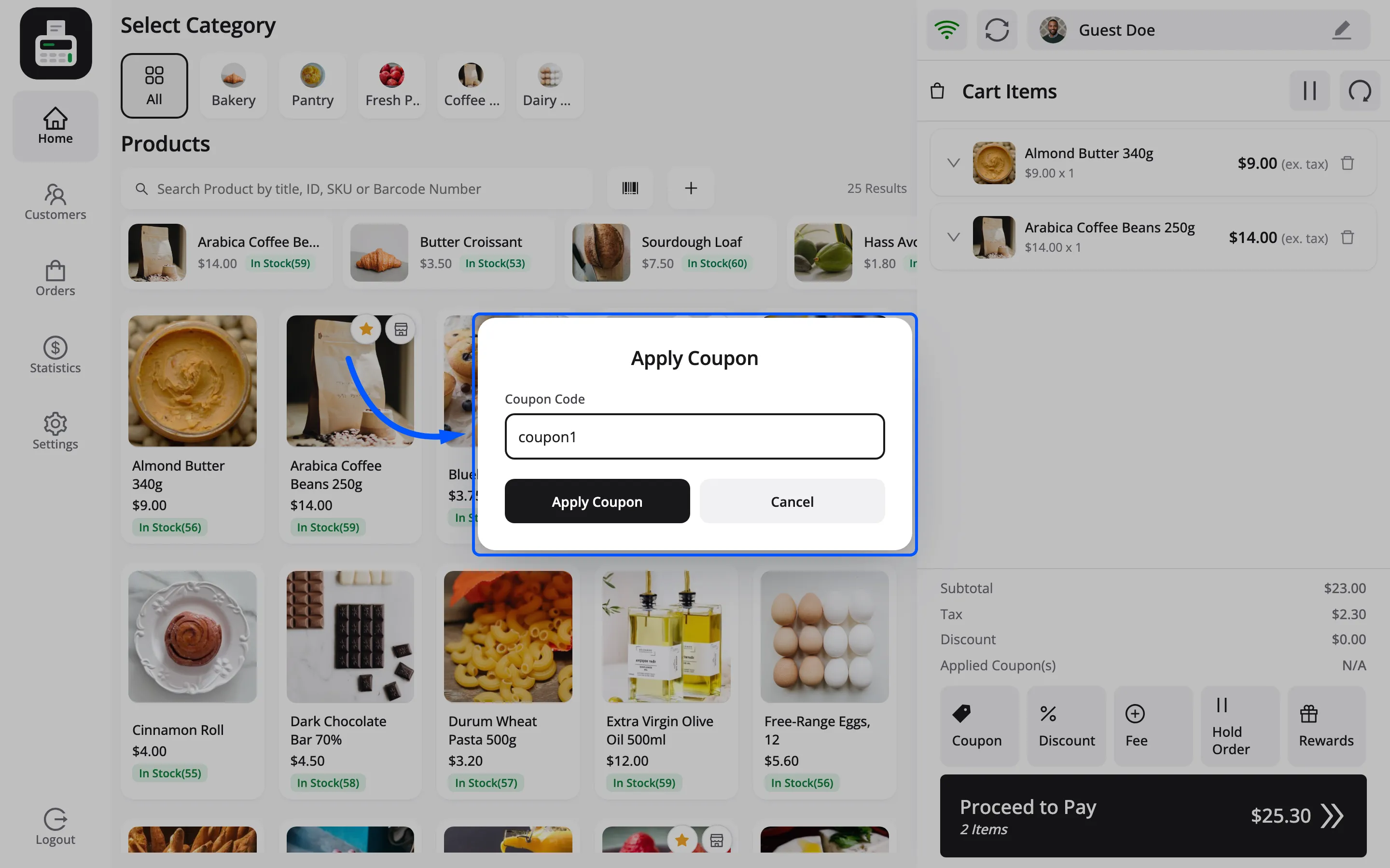 The Apply Coupon popup with a code typed into it and the Add button live