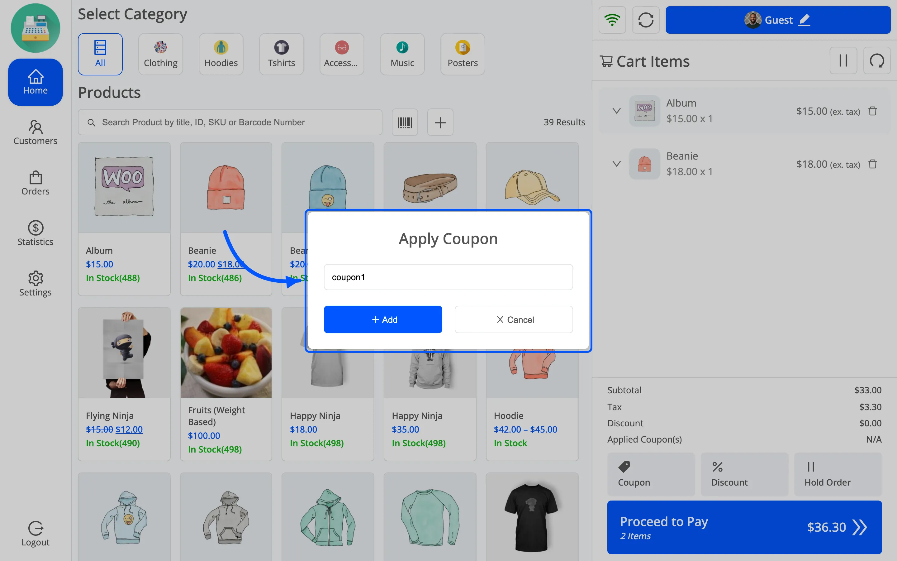 The Apply Coupon popup with a code typed into it and the Add button live