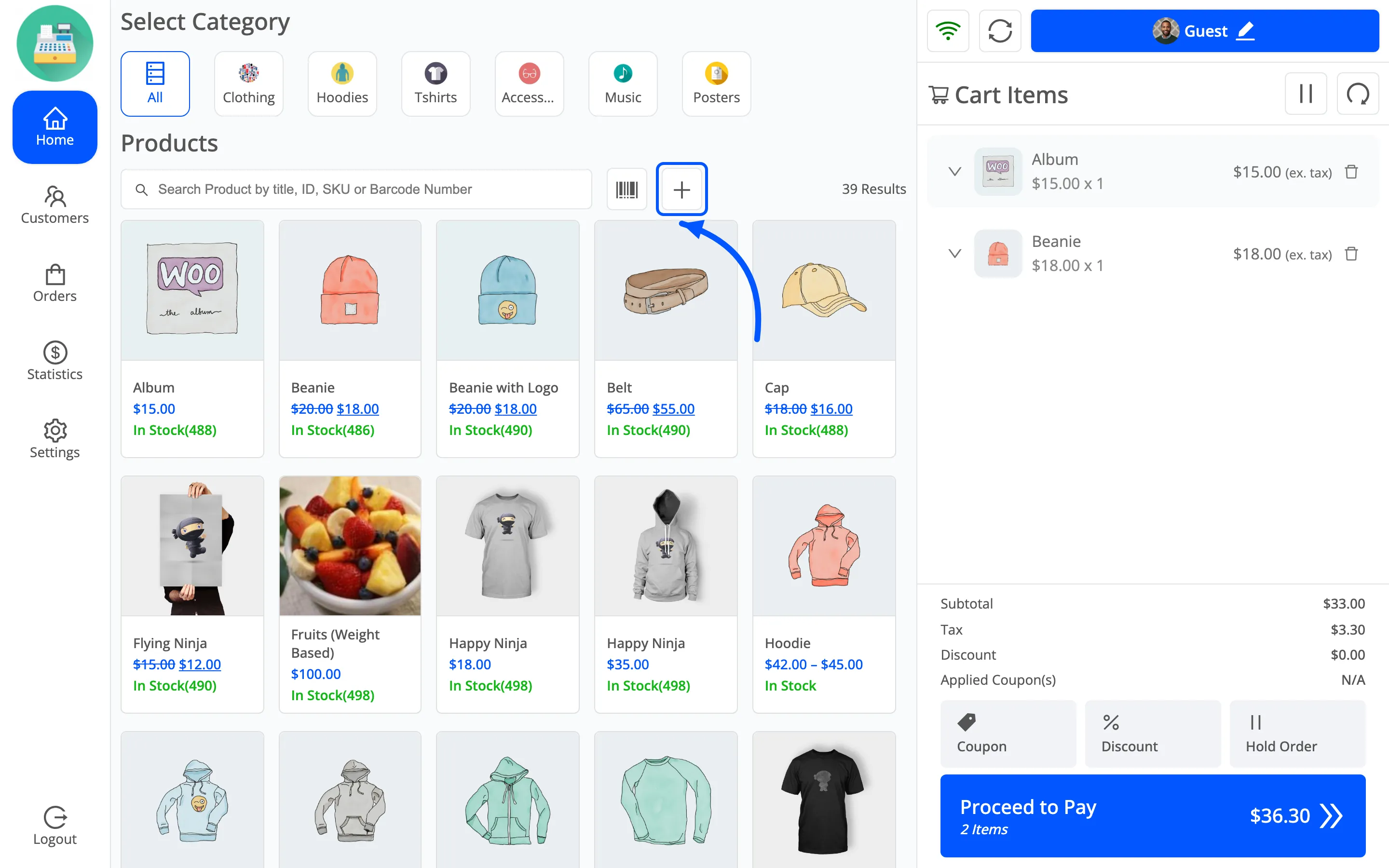 The Add Custom Product icon in the POS search row