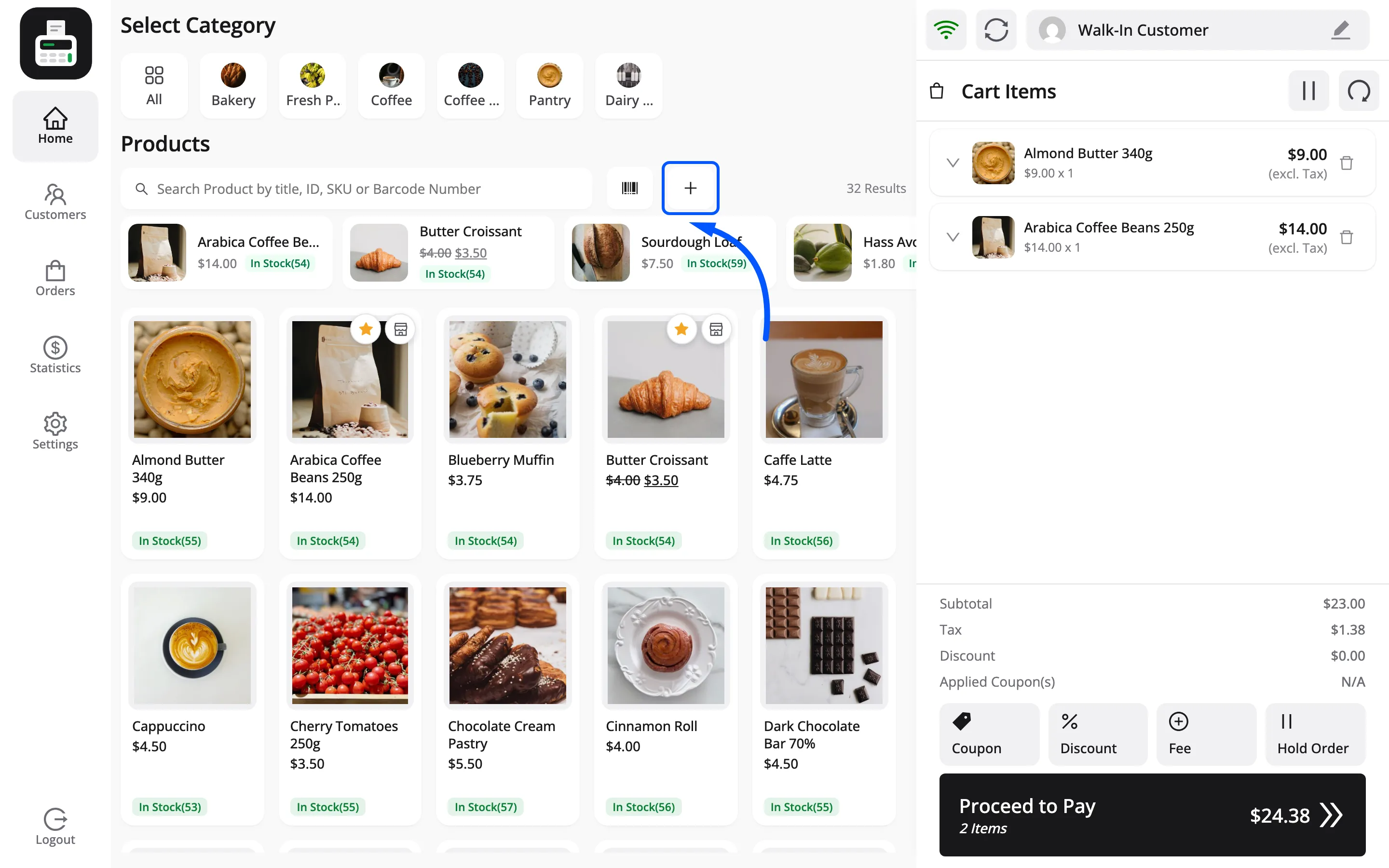 The Add Custom Product icon in the POS search row