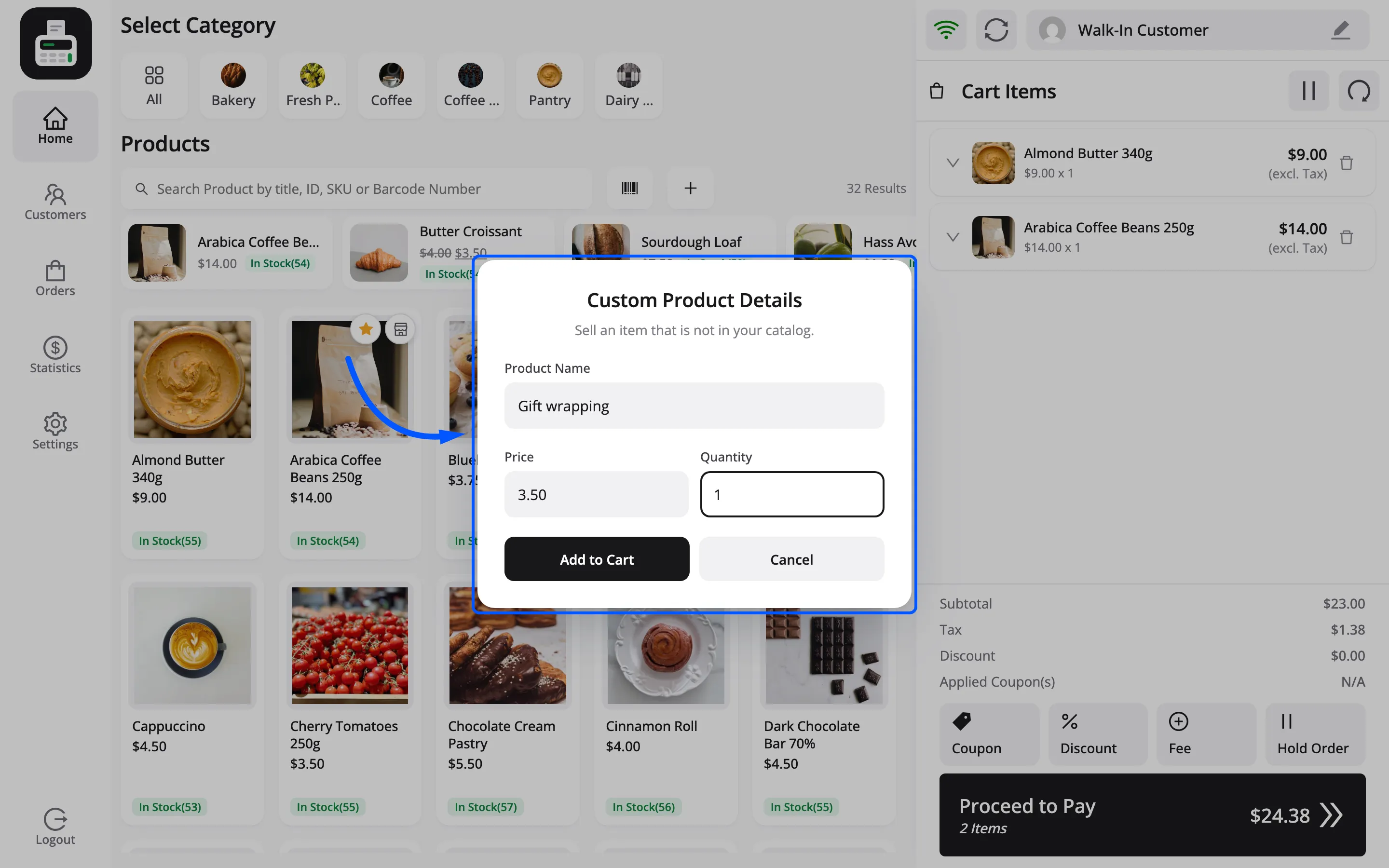 The Custom Product Details popup with a name, a price and a quantity filled in