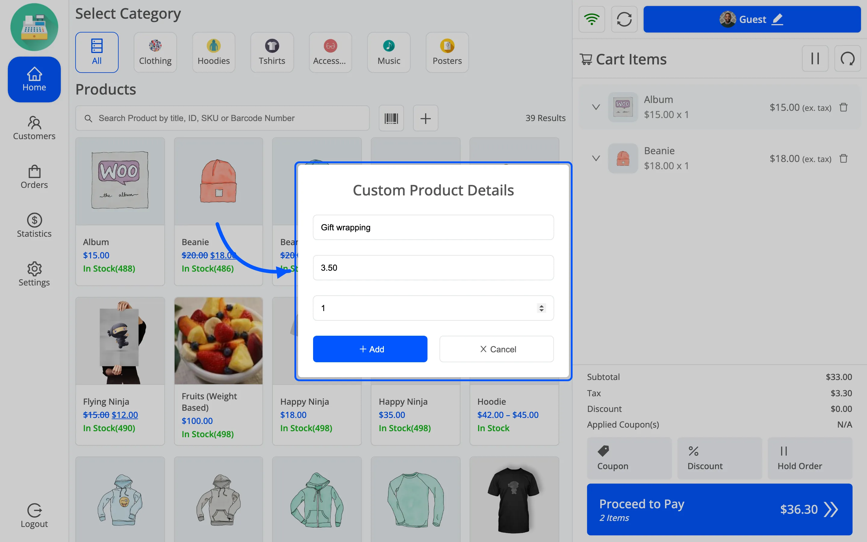 The Custom Product Details popup with a name, a price and a quantity filled in