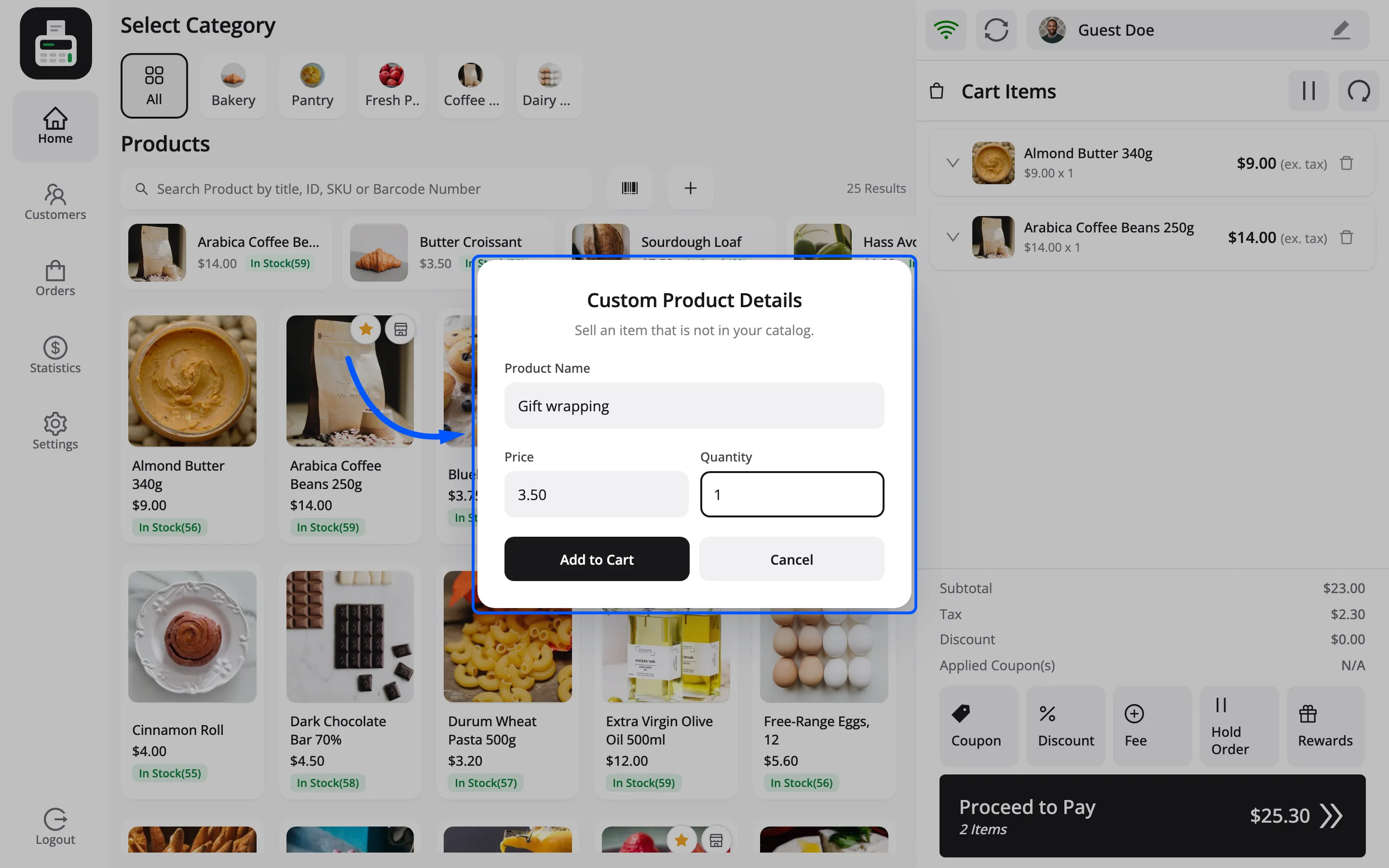 The Custom Product Details popup with a name, a price and a quantity filled in