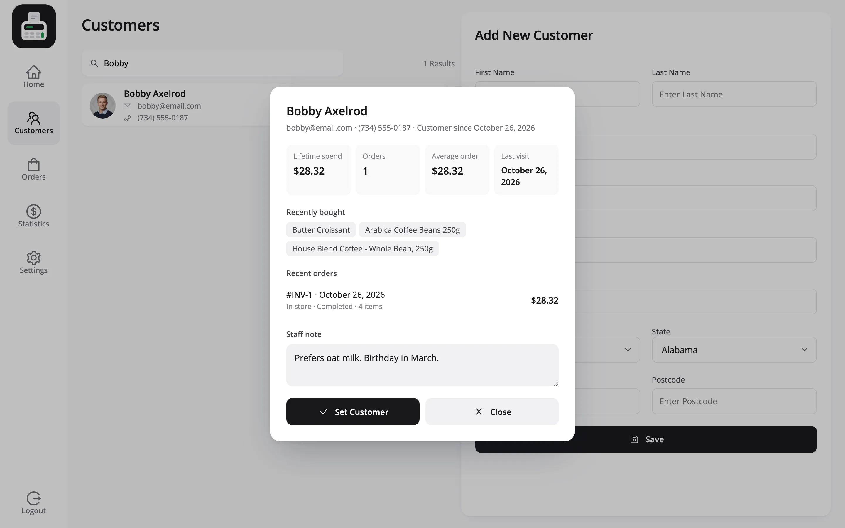 The customer profile popup for Bobby Axelrod with lifetime spend, orders, average order, last visit, recently bought products and recent orders